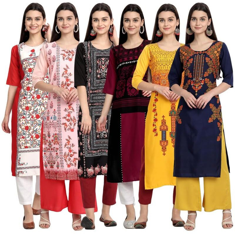 Pinkmint Elegant Printed Crepe Kurti's For Women's Ll Fashionable Kurti Ll Stright Round Neck Kurti (Pack Of 6)
