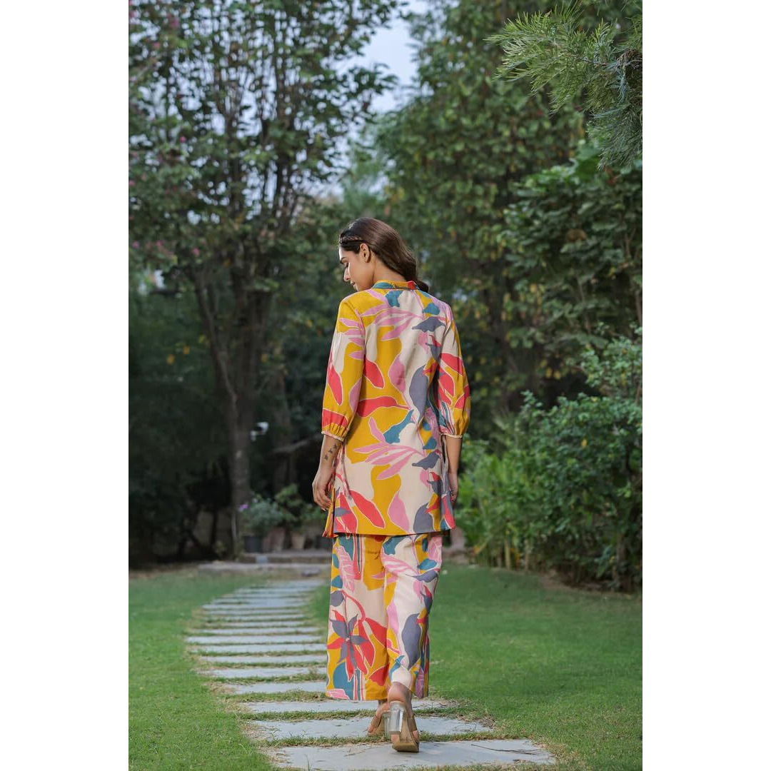 Leriya Fashion Women's Rayon Floral Regular Western Co-Ord Set (Lf-W1936&Tr958_Yellow_L)