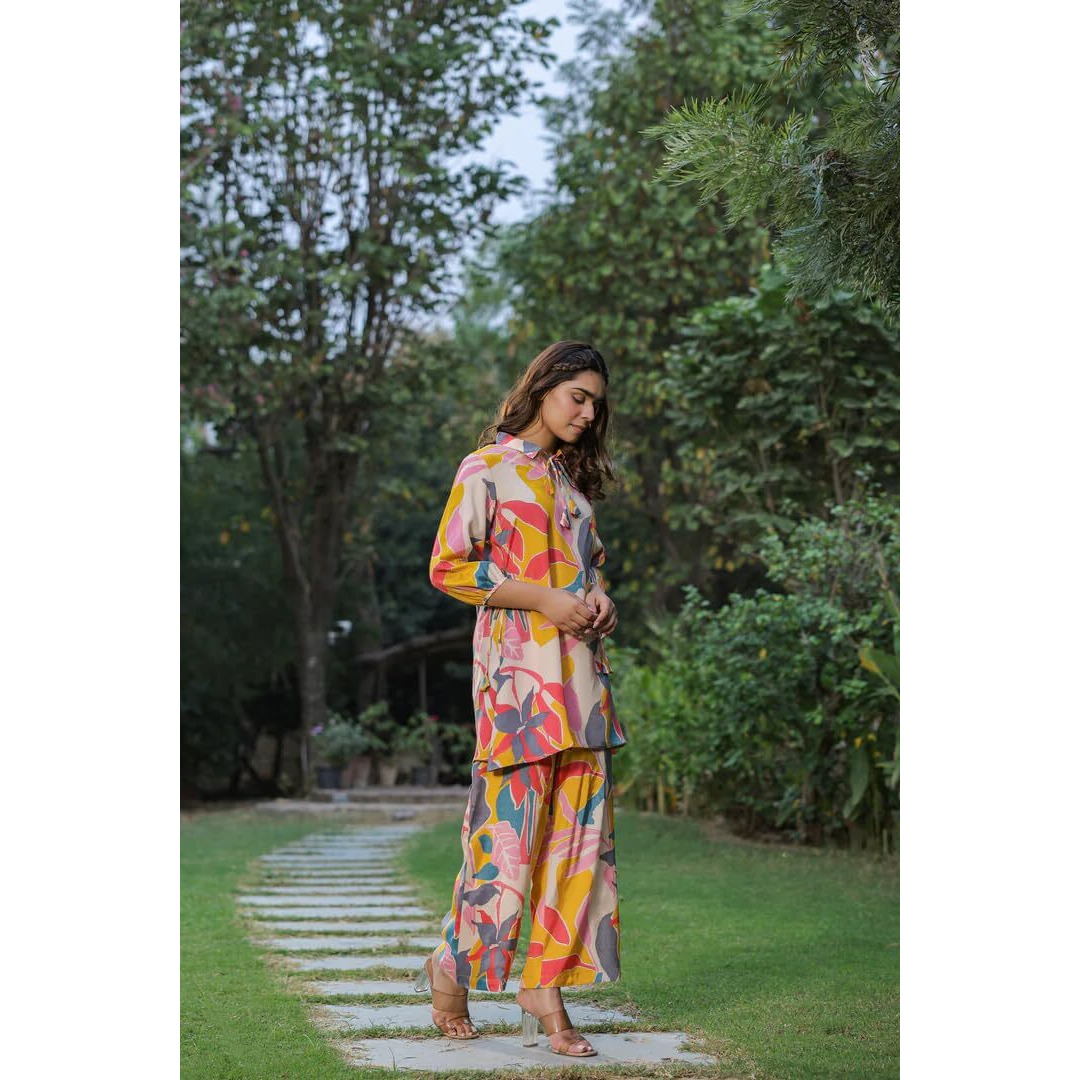 Leriya Fashion Women's Rayon Floral Regular Western Co-Ord Set (Lf-W1936&Tr958_Yellow_L)