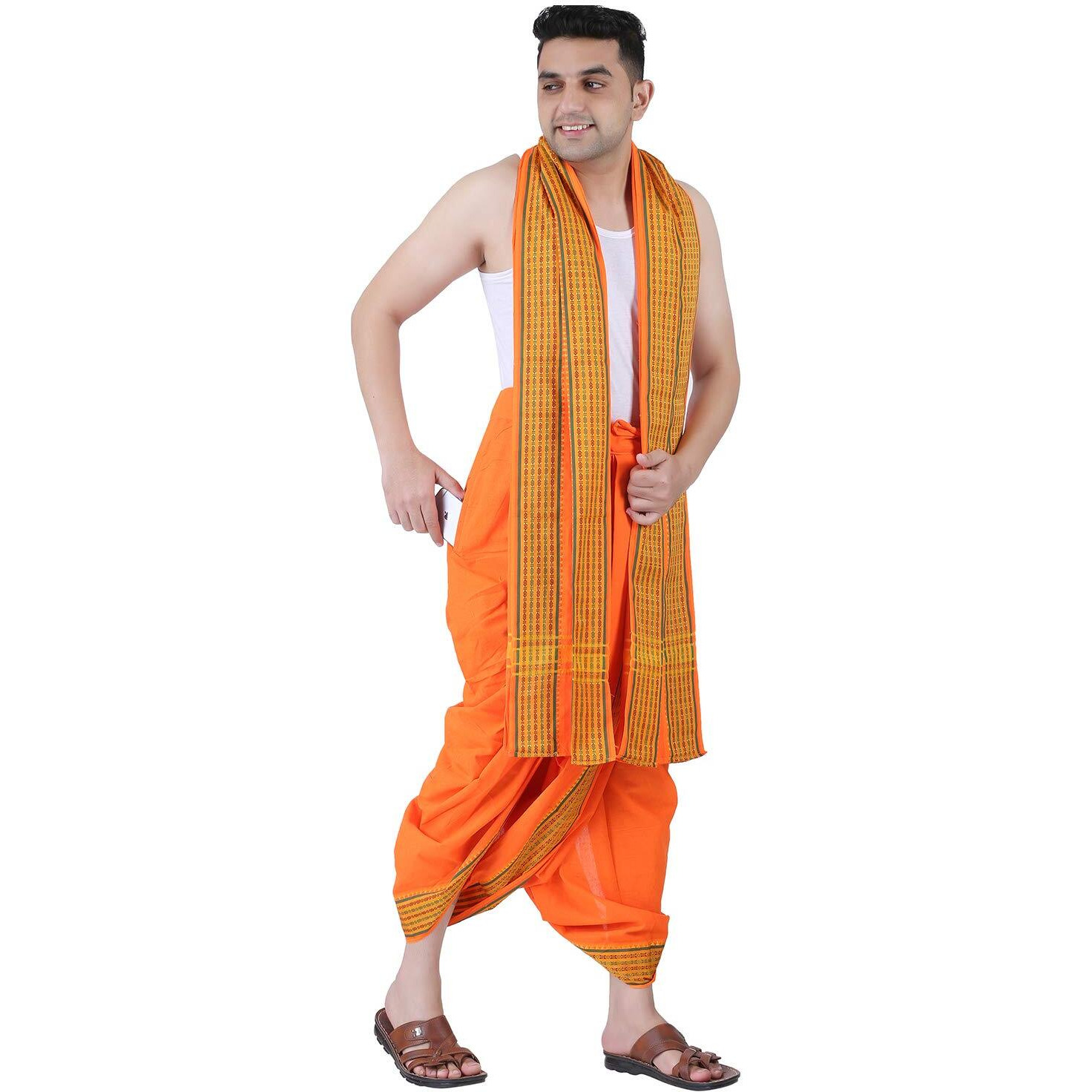 Prakasam Cotton Men's Panchakacham (Ready To Wear) Dhoti Towel Set With Pocket- Free Size (Orange)