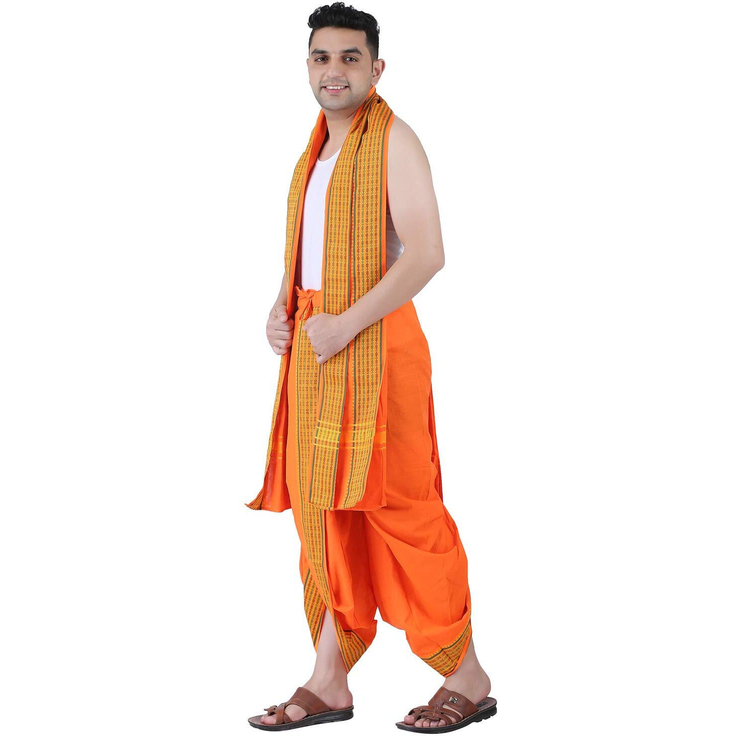 Prakasam Cotton Men's Panchakacham (Ready To Wear) Dhoti Towel Set With Pocket- Free Size (Orange)