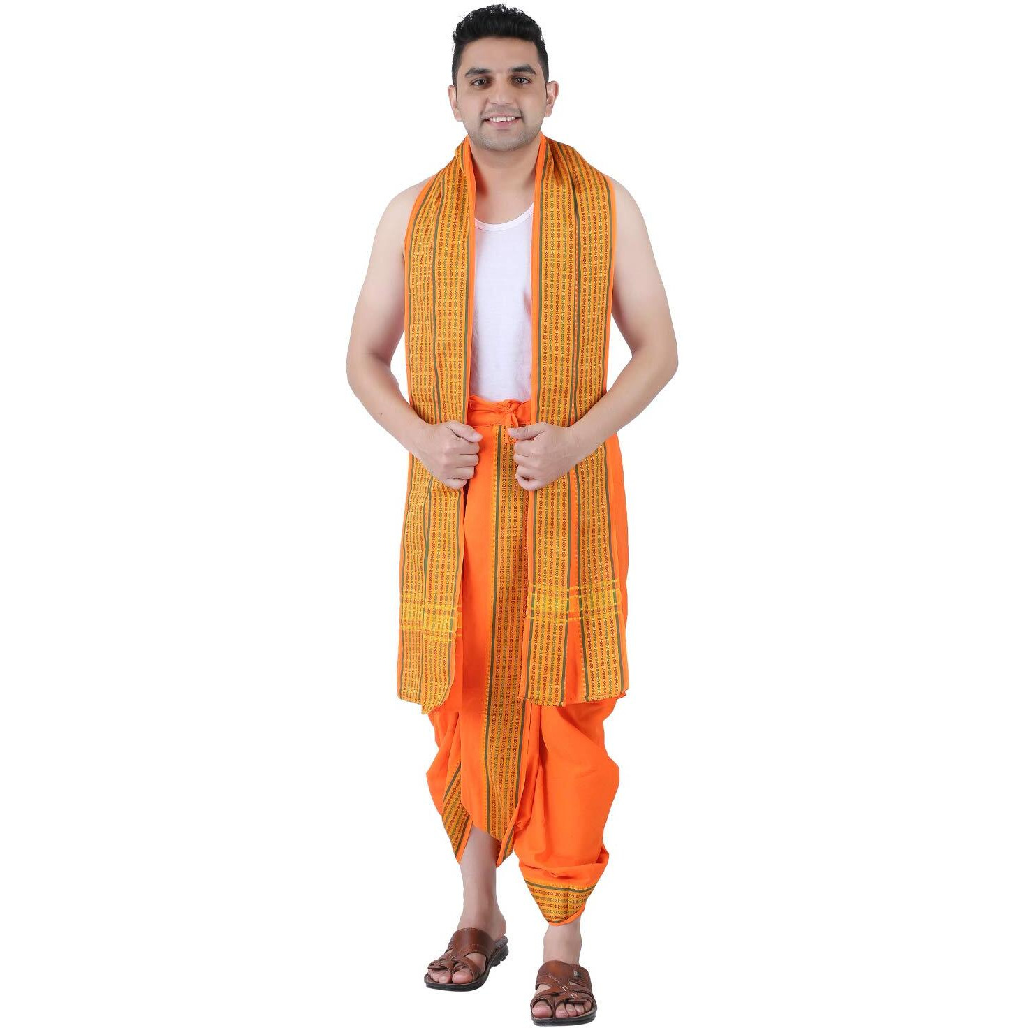 Prakasam Cotton Men's Panchakacham (Ready To Wear) Dhoti Towel Set With Pocket- Free Size (Orange)