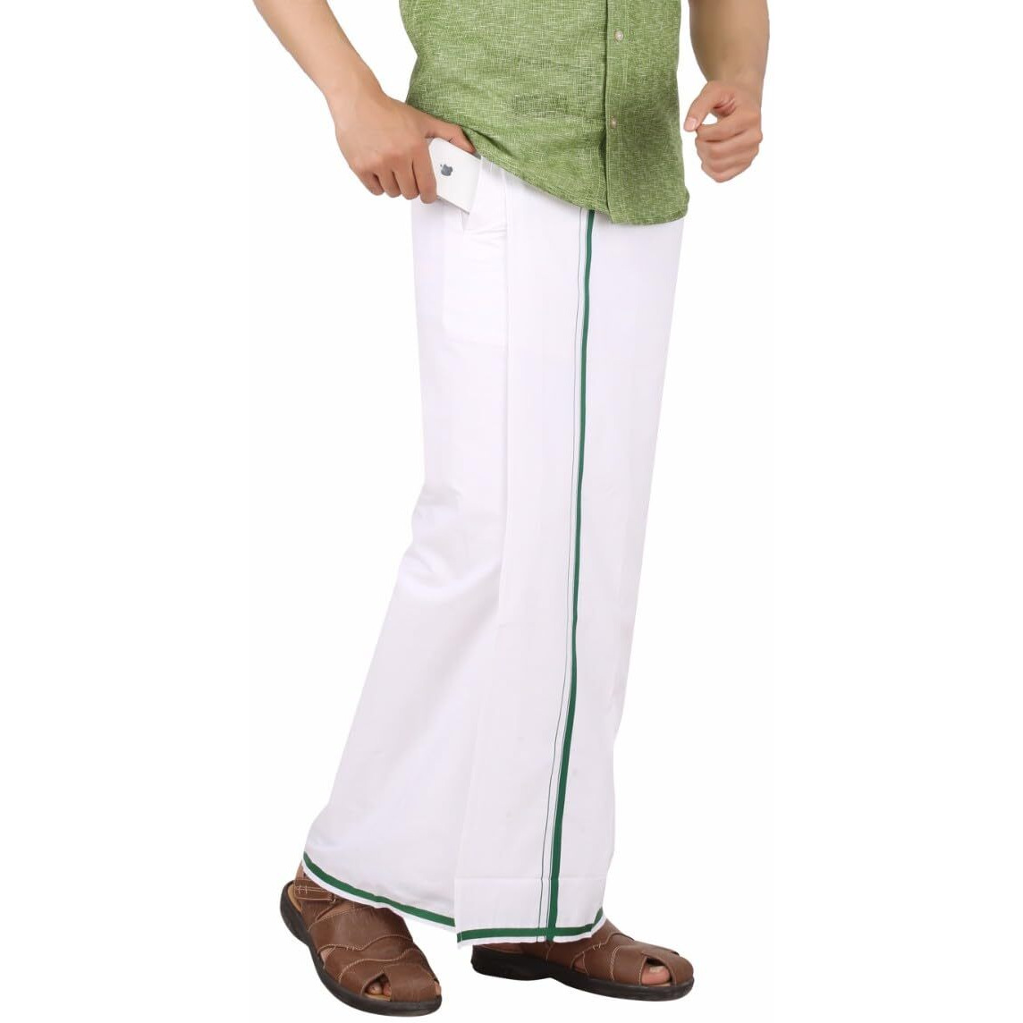 Prakasam Cotton -White Readymade Pocket Dhoti For Mens/Fine Quality White Readymade Dhoties For Mens- Light Green Border