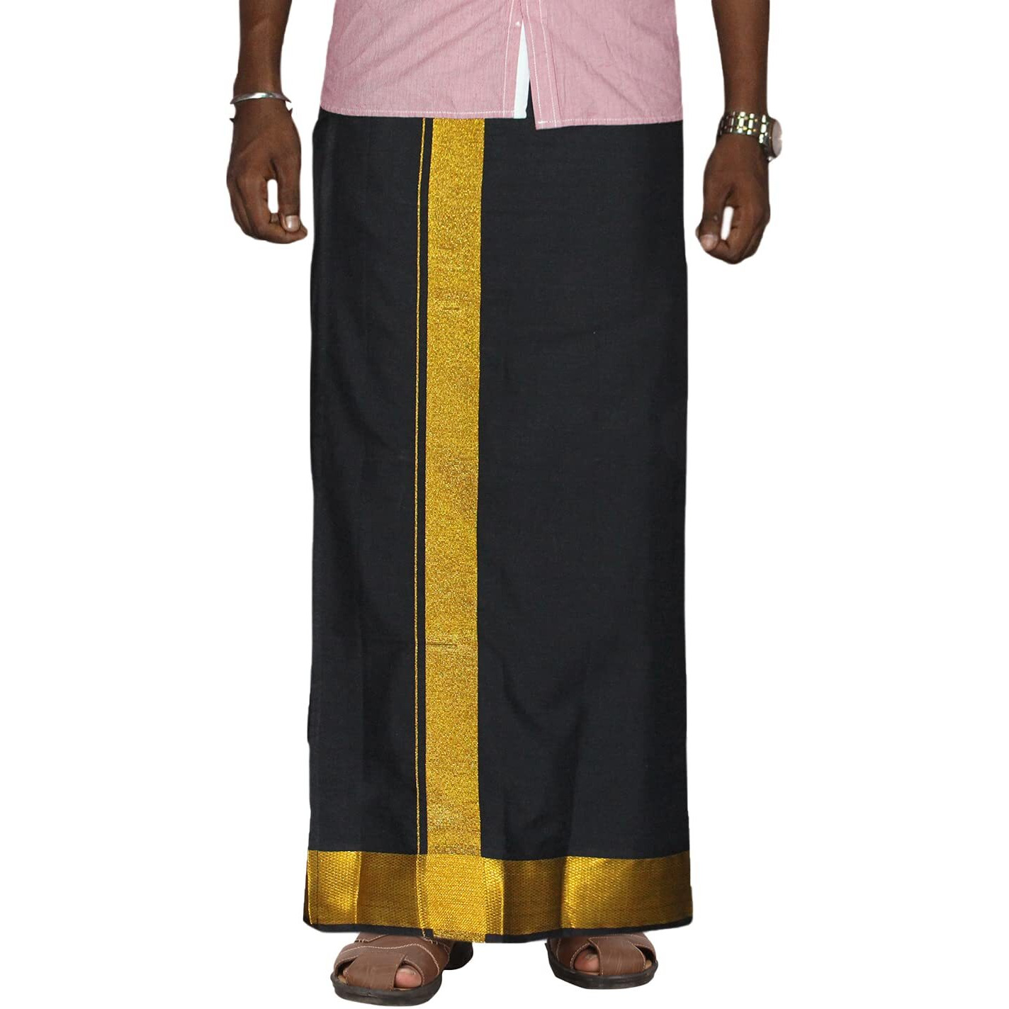 Prakasam Cotton Men's Black Colour 2 Inch Gold Jari Border Welcro Pocket Dhoti/Size Hip -34 Inches- Length- 42 Inches