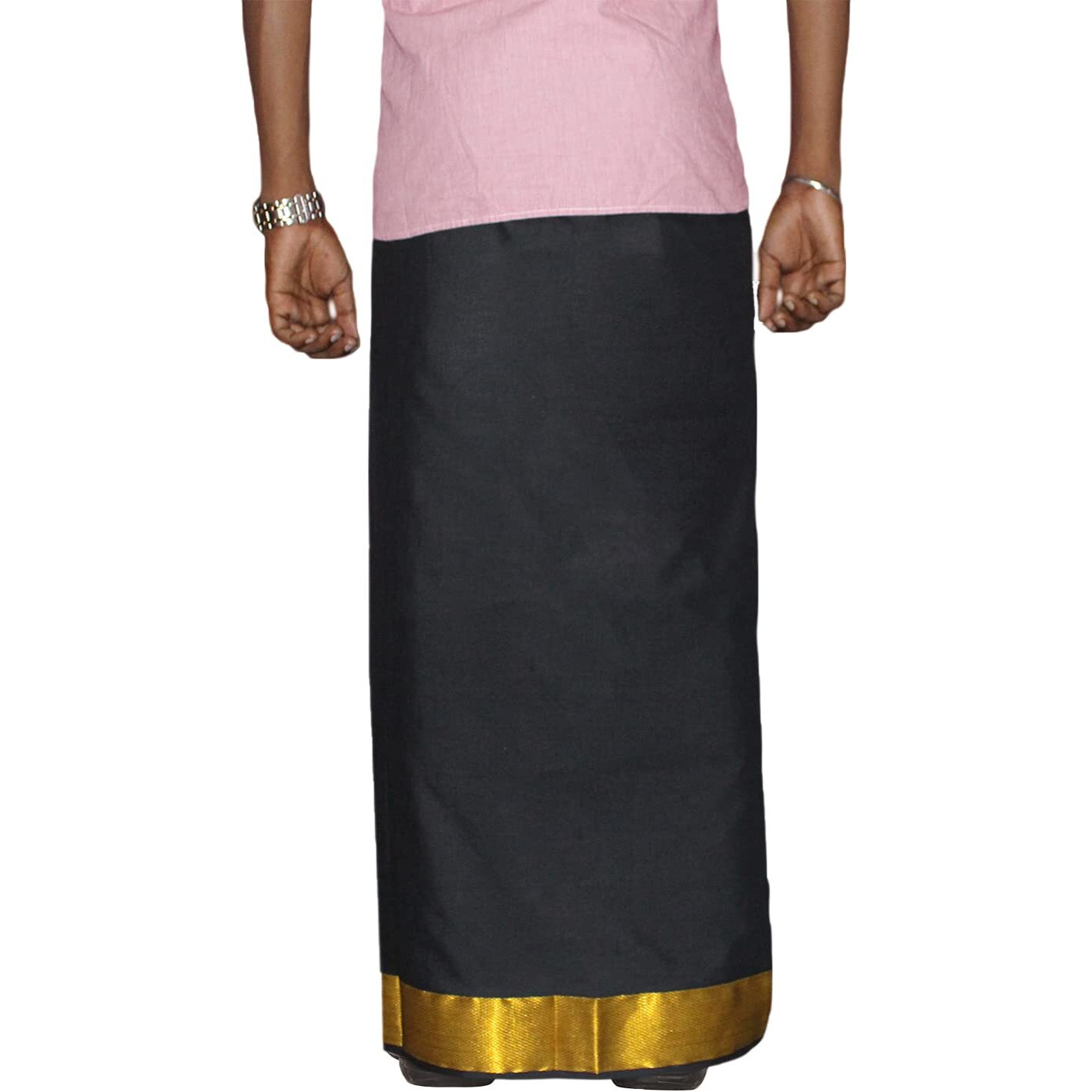Prakasam Cotton Men's Black Colour 2 Inch Gold Jari Border Welcro Pocket Dhoti/Size Hip -34 Inches- Length- 42 Inches