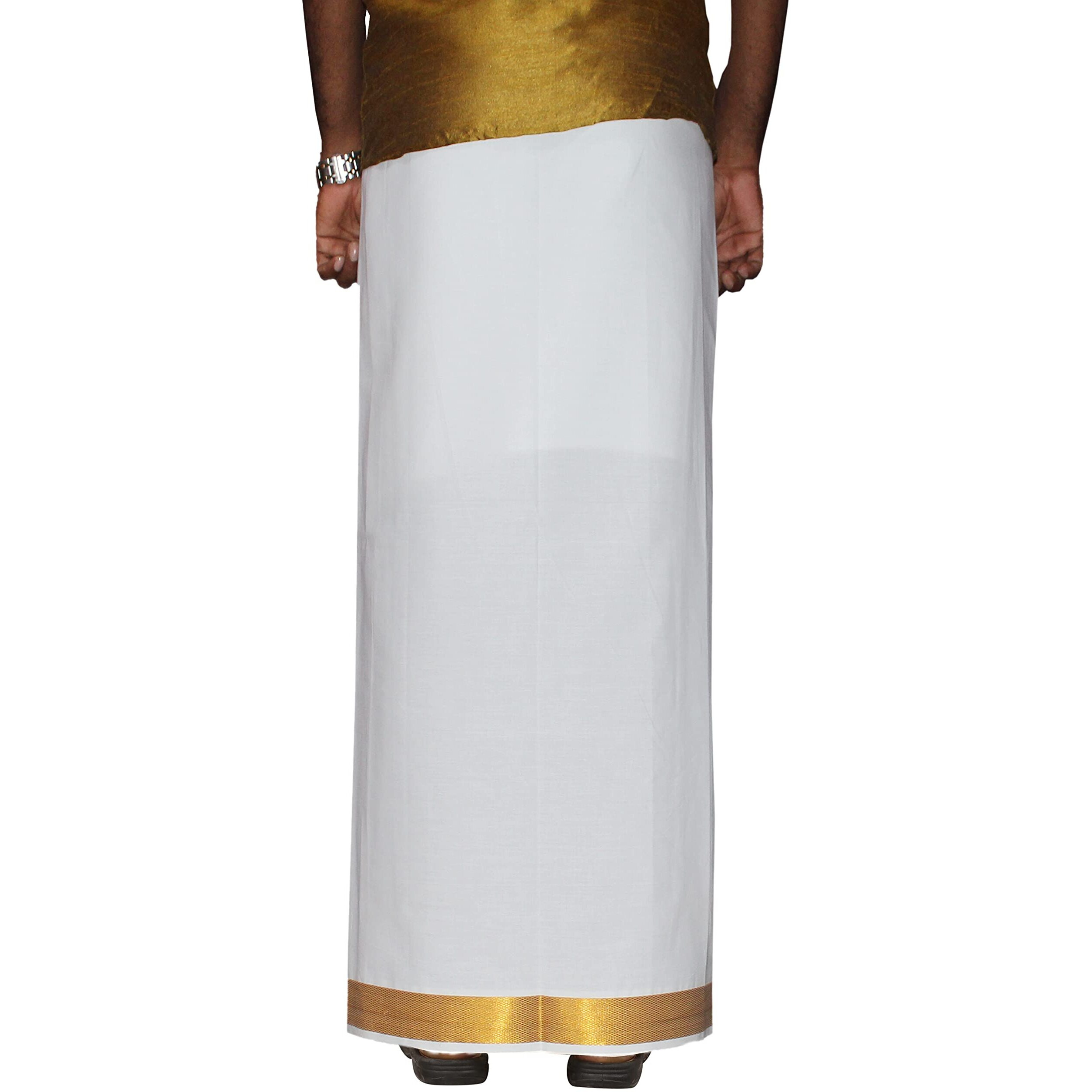 Prakasam Cotton Men's White Colour 2 Inch Gold Jari Border Welcro Pocket Dhoti/Size Hip -30 Inches- Length- 42 Inches
