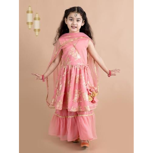 Pspeaches Girl's Polyester Kurta & Sharara (Sha-Peachfoil-7_Peach