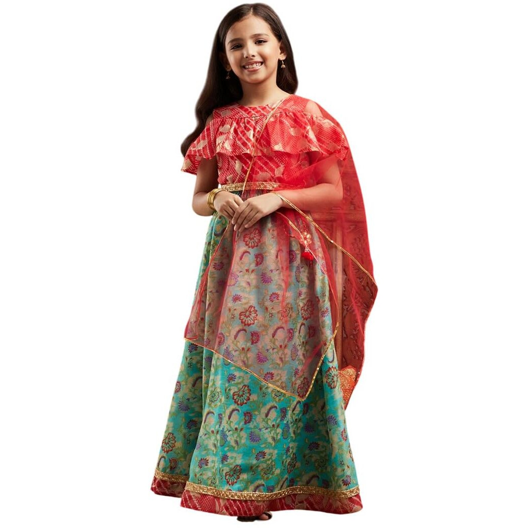 Pspeaches Girl's Silk Lehenga Choli (L-Greenredmulti-6- Green_6-7Y)