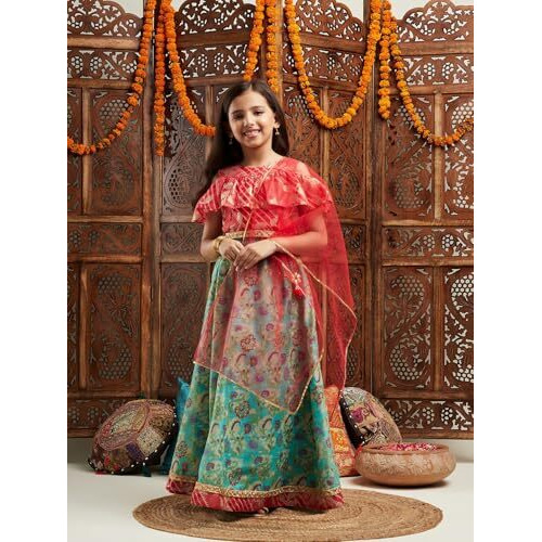 Pspeaches Girl's Silk Lehenga Choli (L-Greenredmulti-6- Green_6-7Y)
