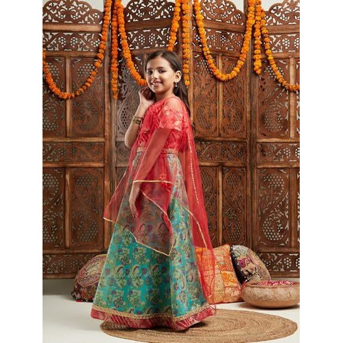 Pspeaches Girl's Silk Lehenga Choli (L-Greenredmulti-6- Green_6-7Y)