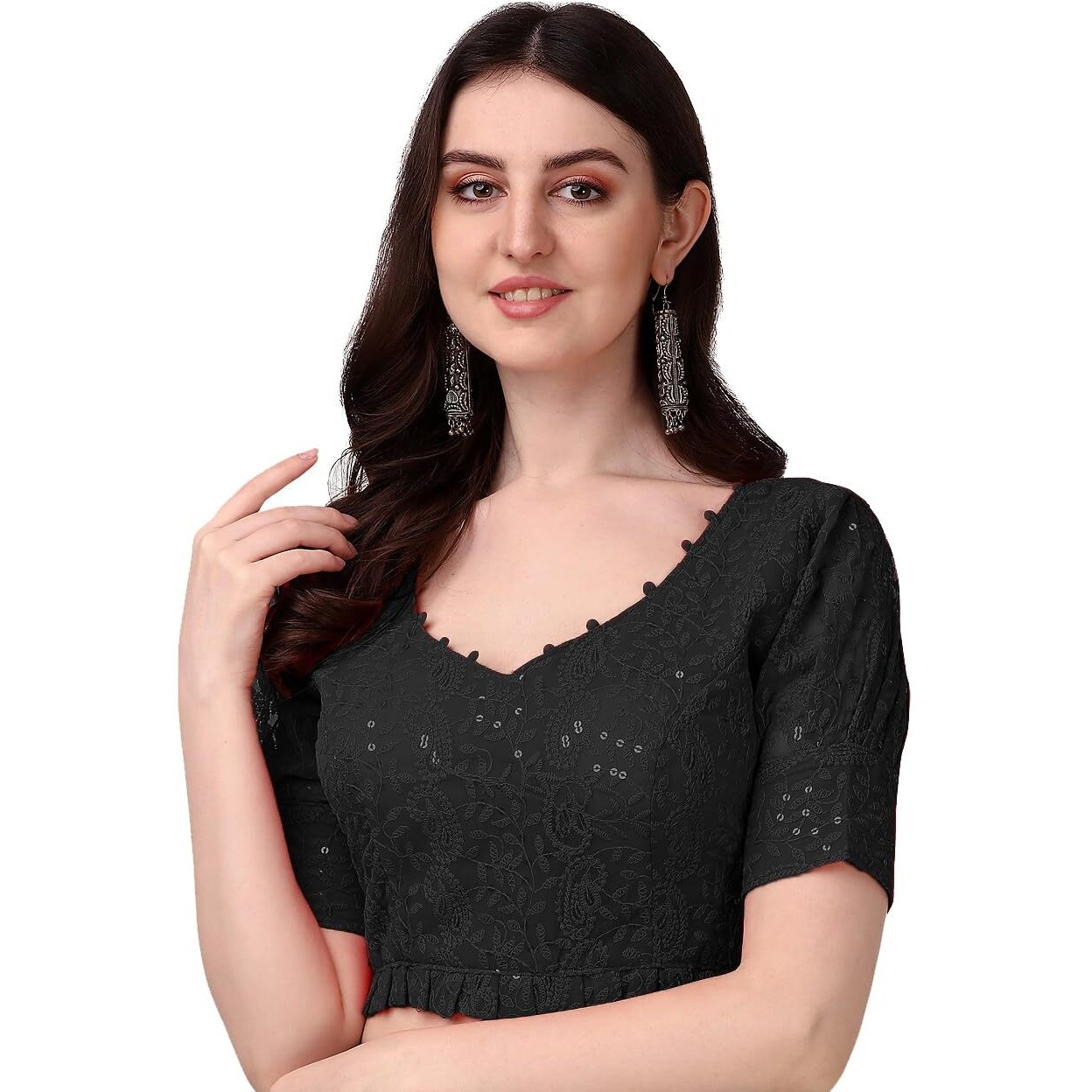 Pujia Mills Women's Georgett Lucknowi Embroidery Puff Sleeve Tie Up Blouse (Lucknowi Tie) (Black, 38)