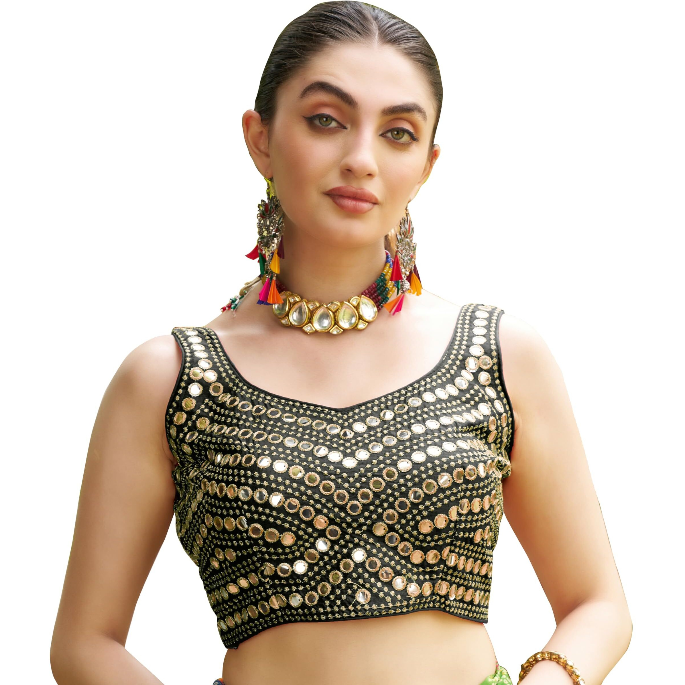 Pujia Mills Women's Embroidery Work Real Mirror Sleeveless Readymade Blouse Black Color (V-Mirror_Black_36)