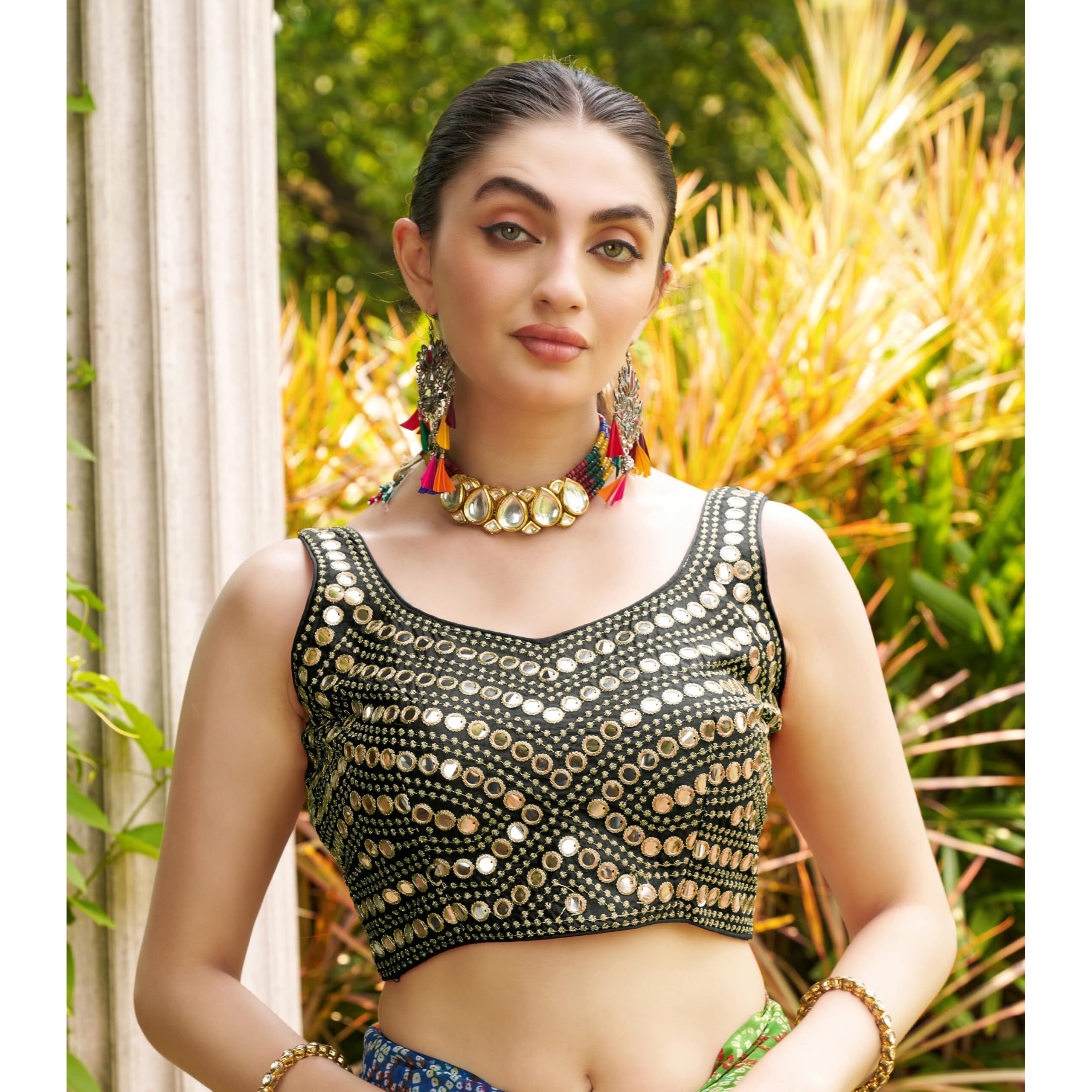 Pujia Mills Women's Embroidery Work Real Mirror Sleeveless Readymade Blouse Black Color (V-Mirror_Black_36)