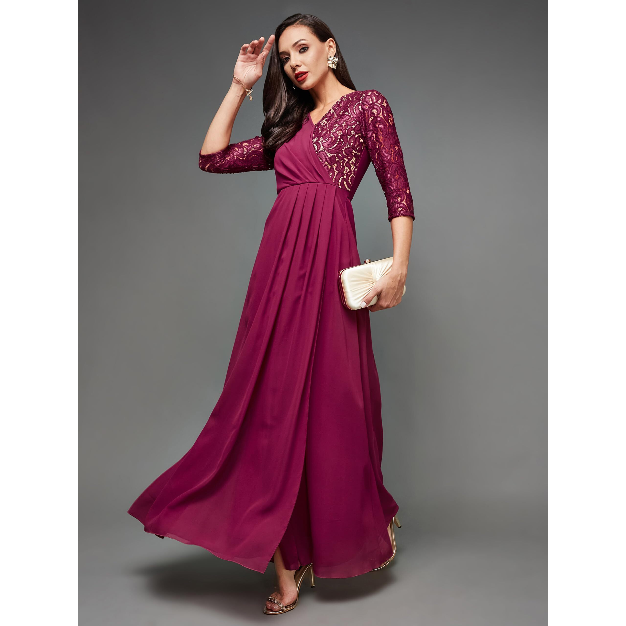 Miss Chase Women's V-Neck Three-Quarter Sleeve Self-Designed Wrap Maxi Georgette Dress (Mcss23D98-60-23-03, Dark Pink, S)