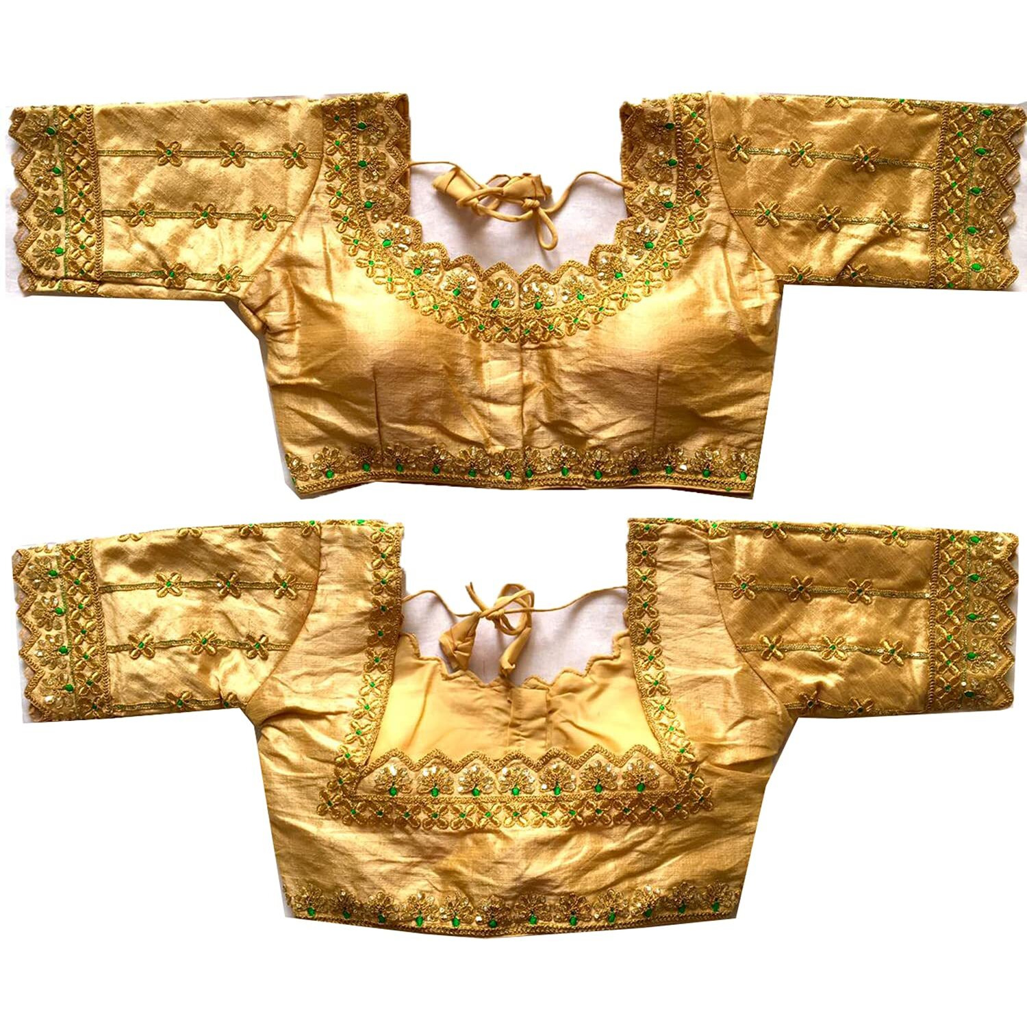 Pujia Mills Women's Silk Embroidery Work Readymade Blouse (Hariyali Blouse_Gold_38)