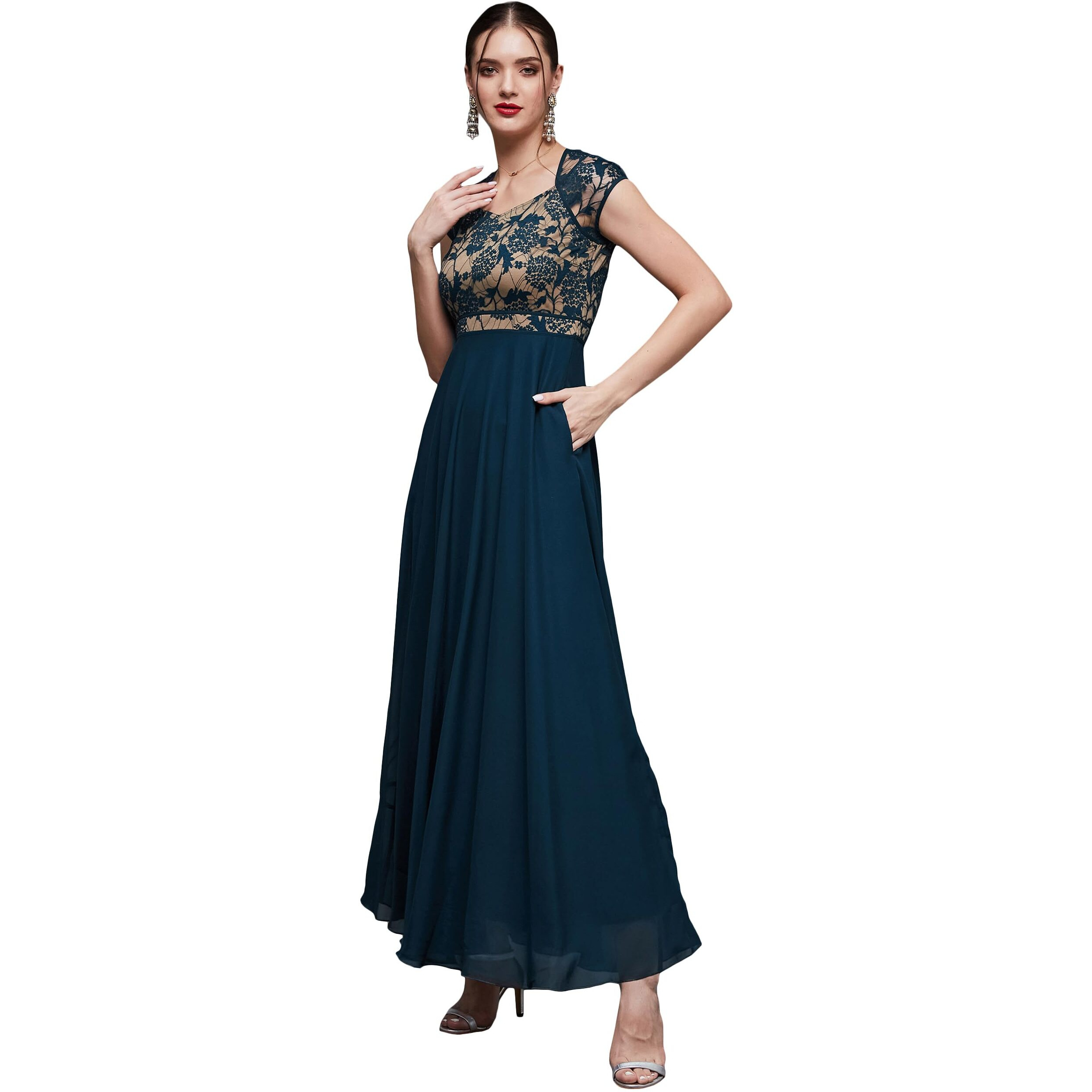 Miss Chase Women's Floral V - Neck Cap Short Sleeves Lace Overlaid Fit & Flare Paneled Maxi Dress (Mcss21D06-11-83-05, Teal, L)