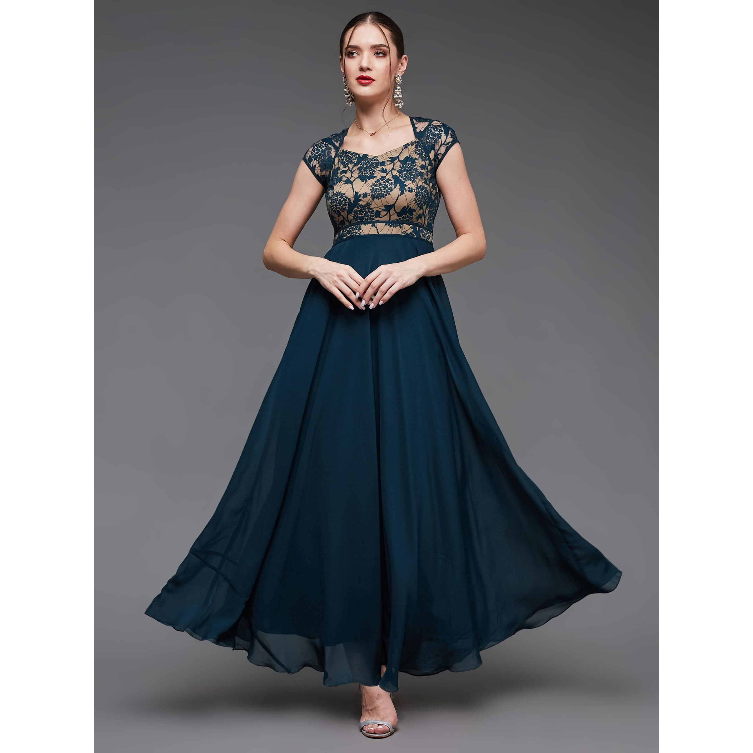 Miss Chase Women's Floral V - Neck Cap Short Sleeves Lace Overlaid Fit & Flare Paneled Maxi Dress (Mcss21D06-11-83-05, Teal, L)