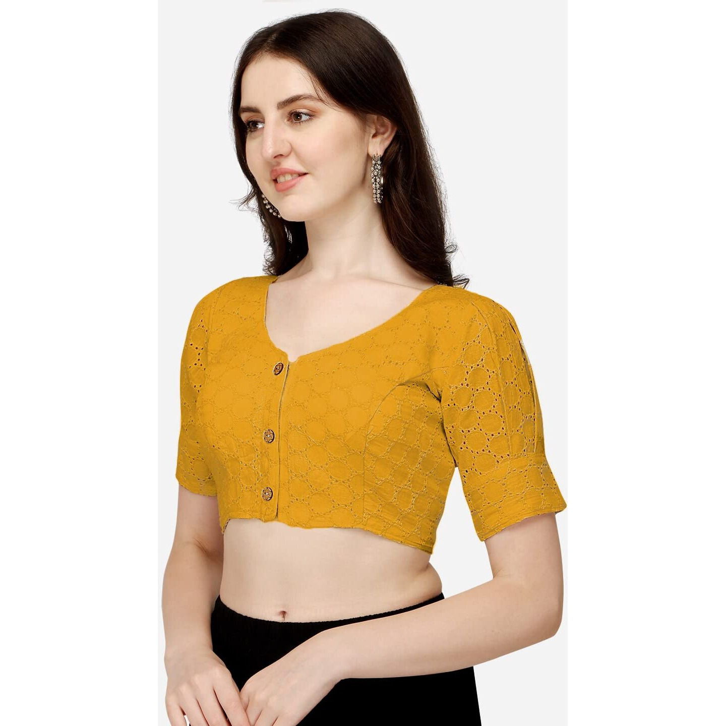 Pujia Mills Women's Cotton Chikankari Embroidery Work Readymade Saree Blouse (34, Yellow)