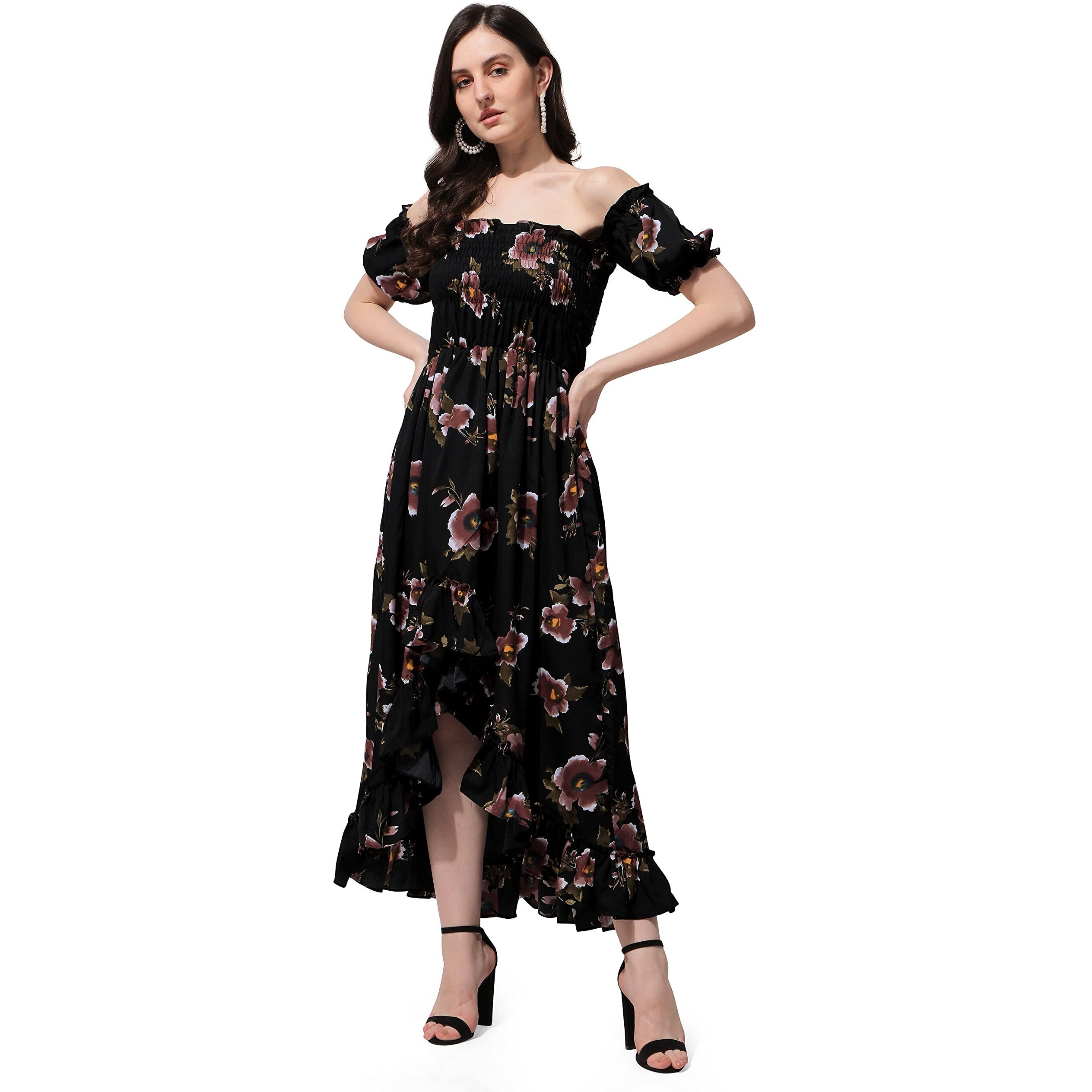 Oomph Flared Dress For Women Stylish | Long One Piece For Women | Off Shoulder Puff Sleeve Long Dress | Floral Print Maxi One Piece | Western & Fusion Wear Bohemian Style Black