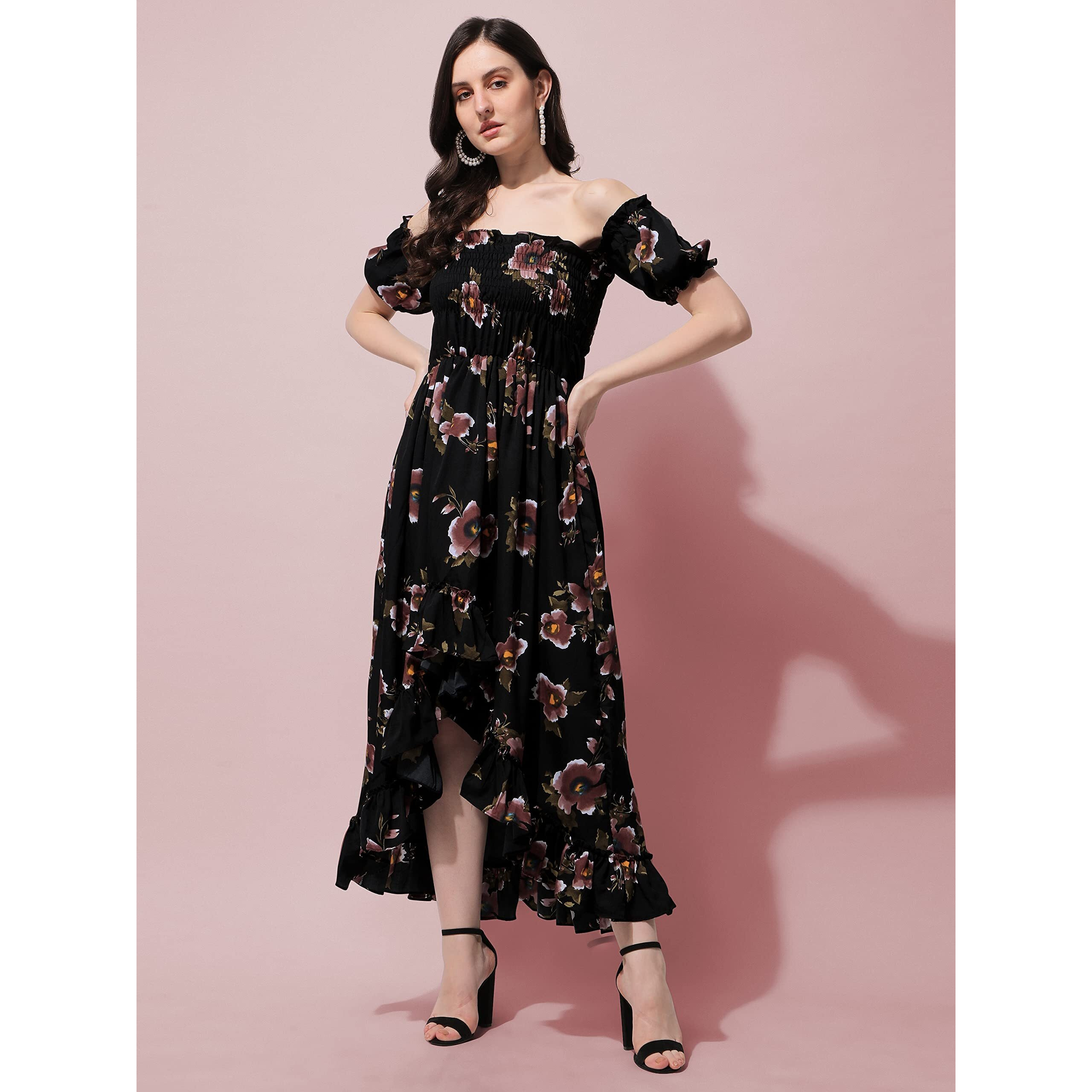 Oomph Flared Dress For Women Stylish | Long One Piece For Women | Off Shoulder Puff Sleeve Long Dress | Floral Print Maxi One Piece | Western & Fusion Wear Bohemian Style Black