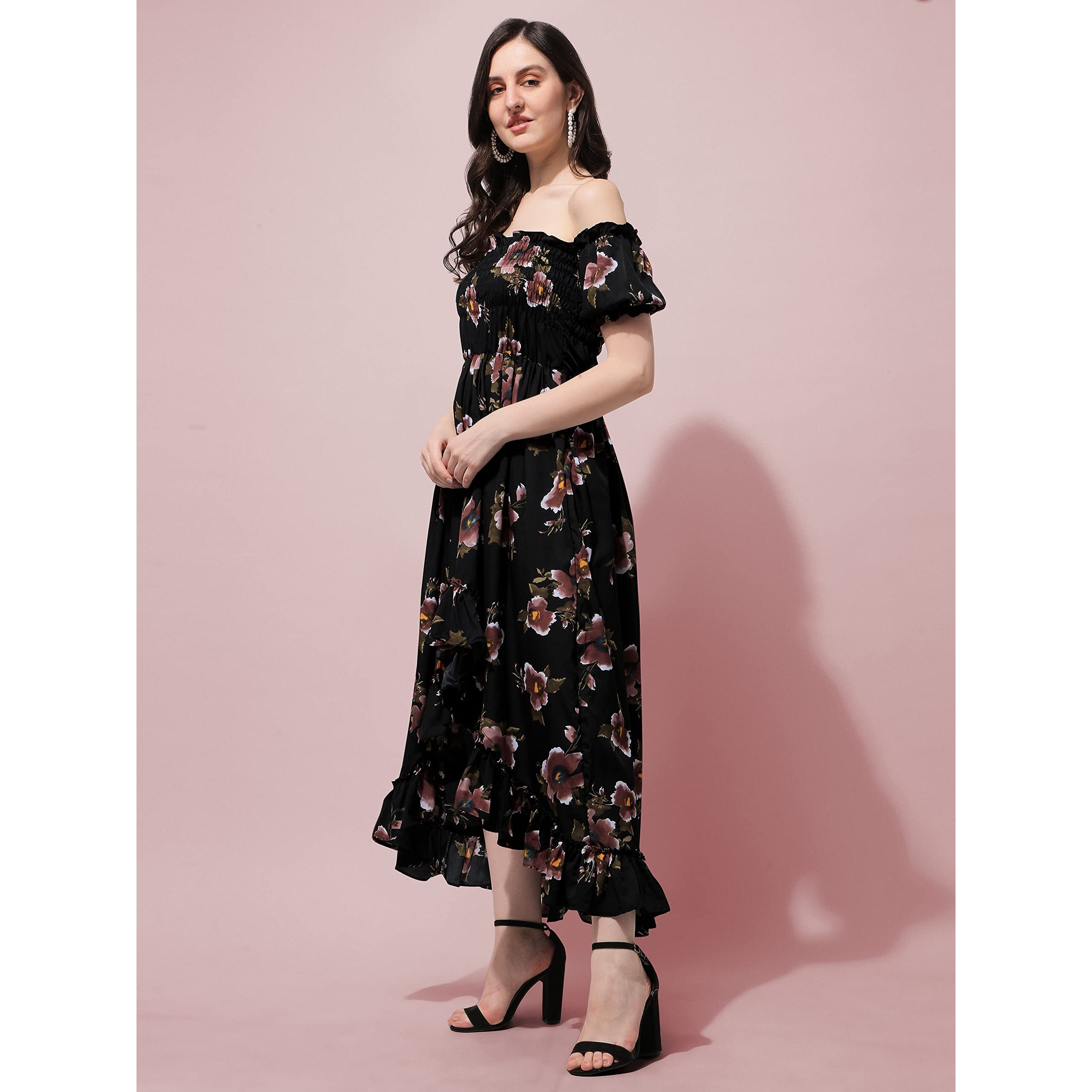 Oomph Flared Dress For Women Stylish | Long One Piece For Women | Off Shoulder Puff Sleeve Long Dress | Floral Print Maxi One Piece | Western & Fusion Wear Bohemian Style Black