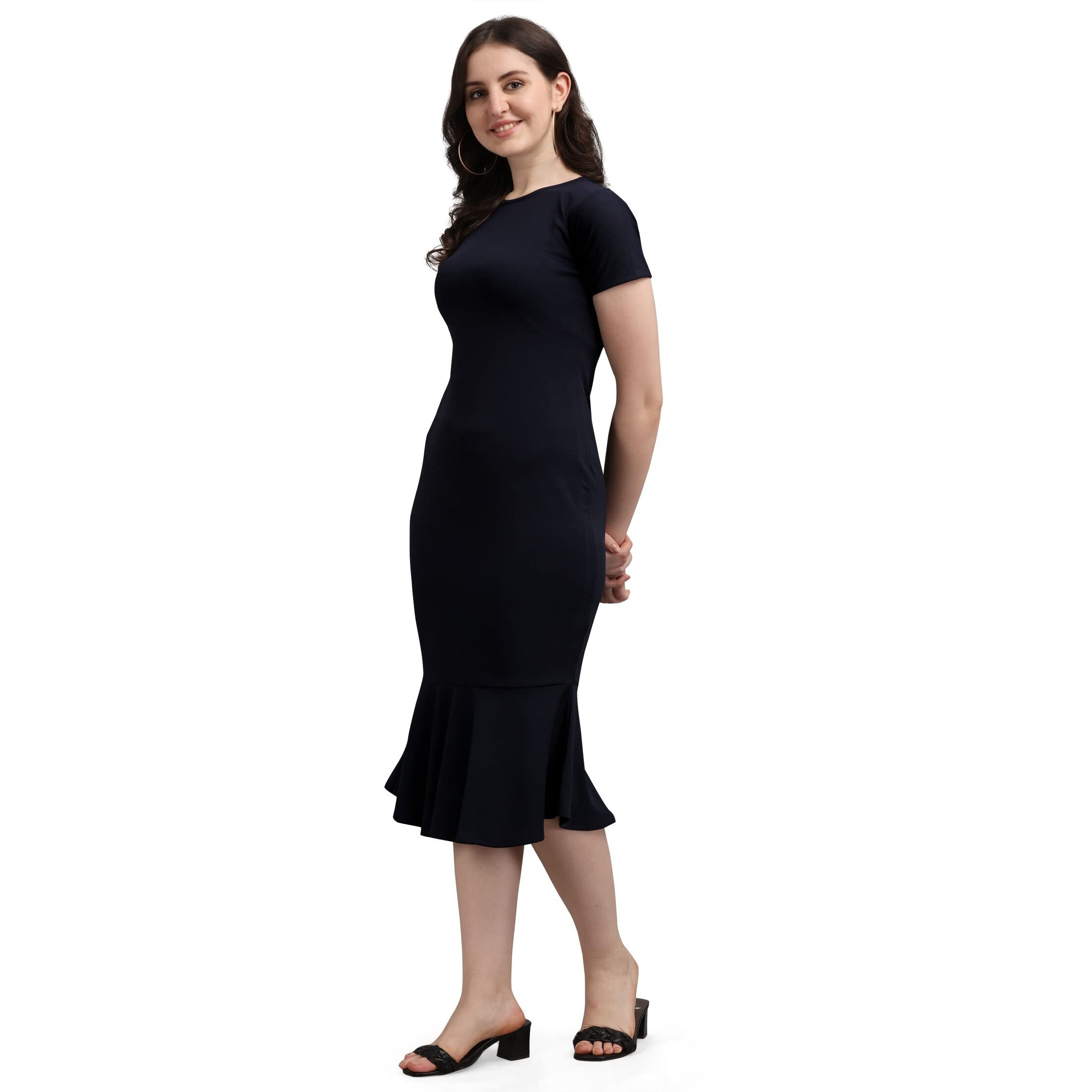 Purvaja Women's Corduroy Bodycon Midi Dress (Ruby-001-Bu-L_Navy Blue