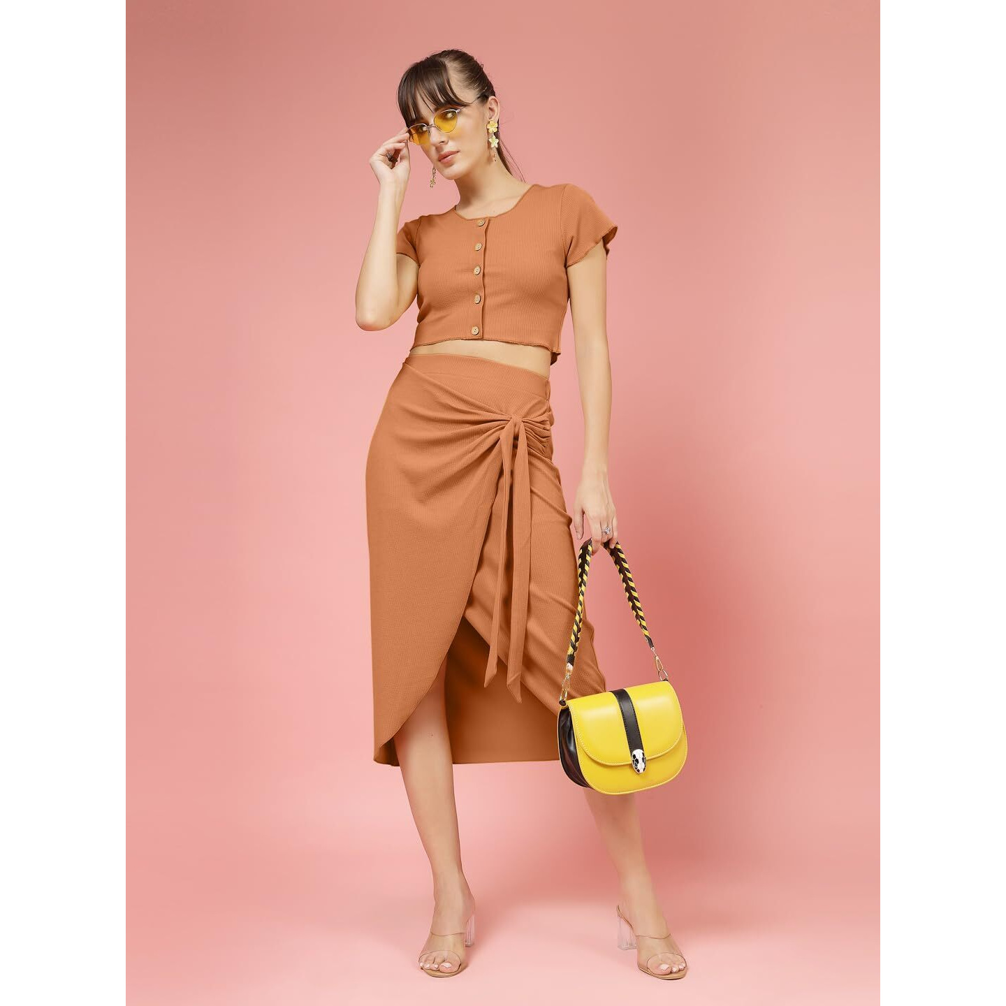 Oomph Stretchable Lycra Coord Crop Top And Skirt Set For Women, Orange - Coord_Mt978Msk255