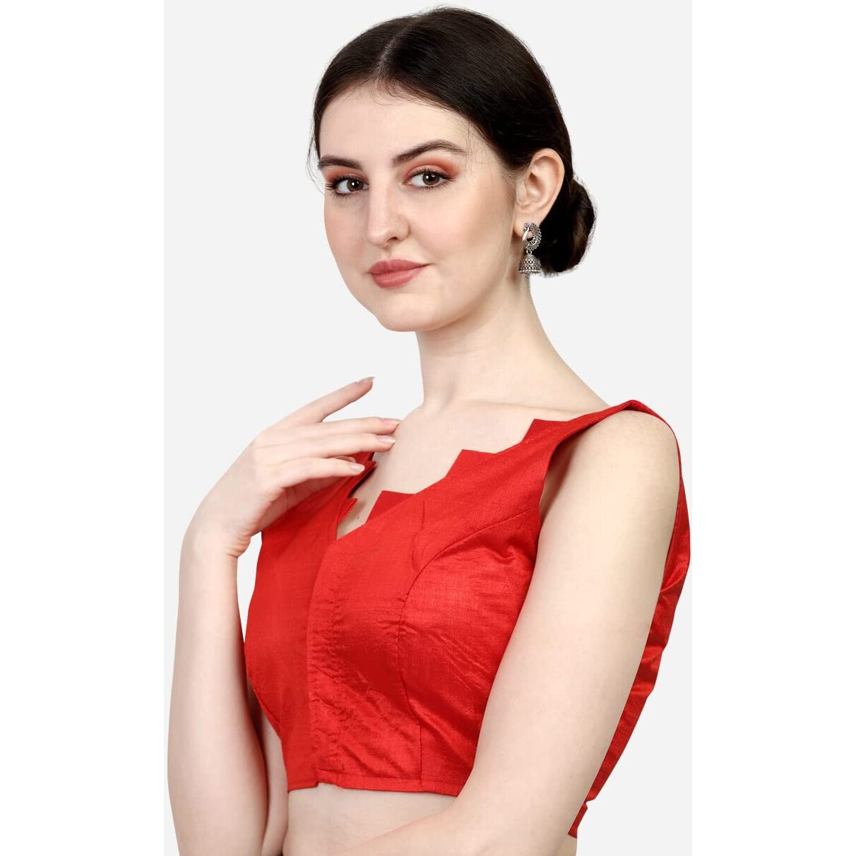 Pujia Mills Women's Multicolor V Neck Heavy Phantom Silk Sleeveless Readymade Blouse (Sleeves Attached Inside) (Red, 38)