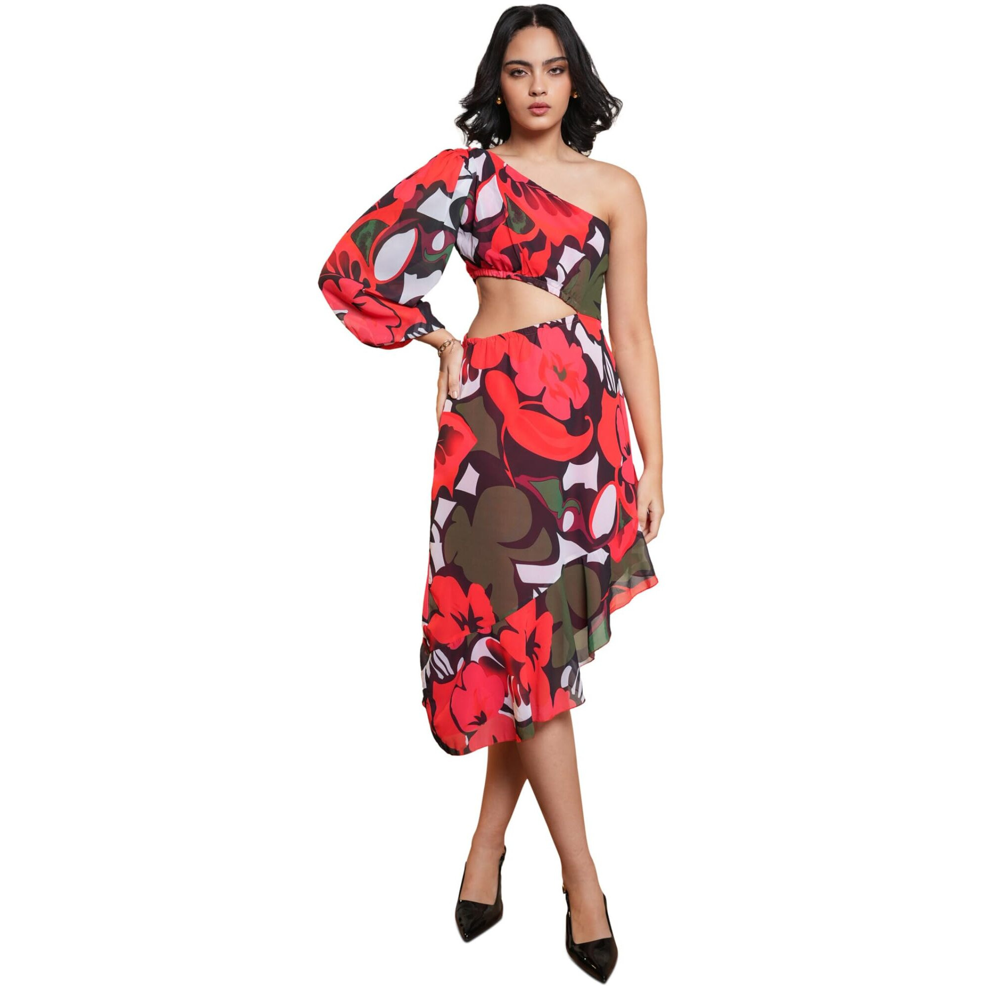 Purvaja Womens One Shoulder Below Knee Length Dress (Floe-033_Red_Xx-Large)