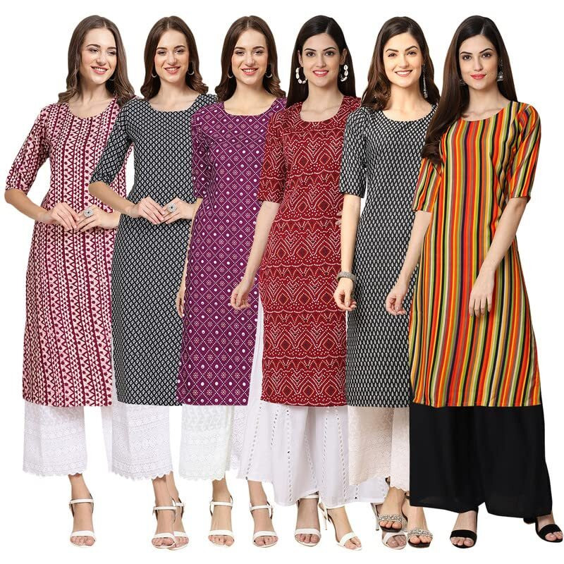 Pinkmint Women's Crepe Digital Print Straight Kurta [Pack Of 6](Mv-347-349-355-374-377-356-Xxl)