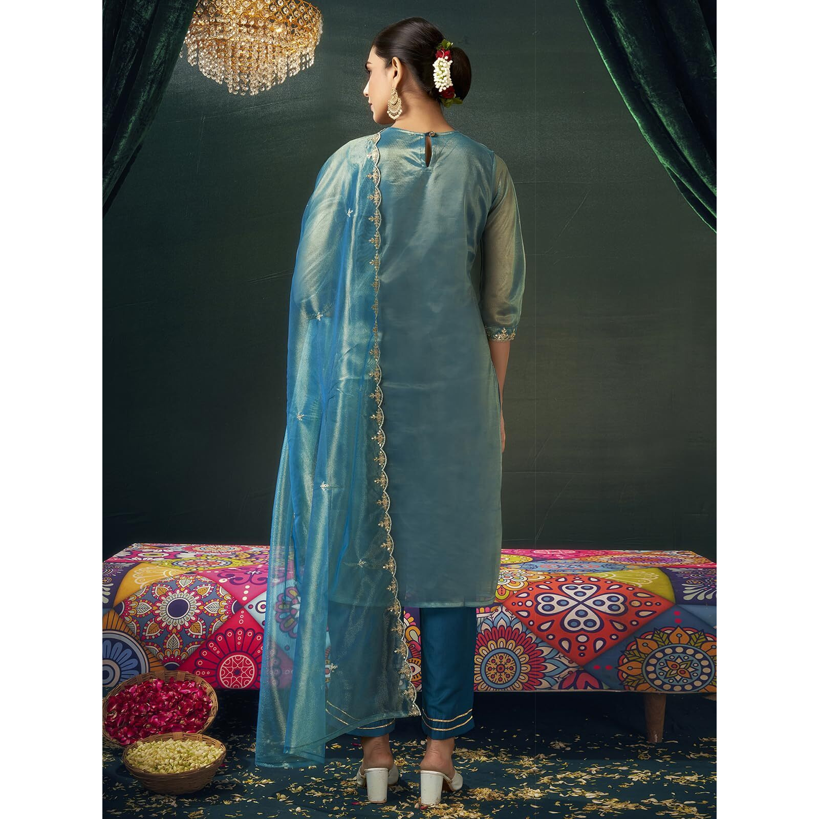 Sanisa Women's Shimmer Net Sequins And Embroidery Work Straight Kurta With Pant And Dupatta Set (215Kbd2273N-Xl_Teal Blue & Golden)