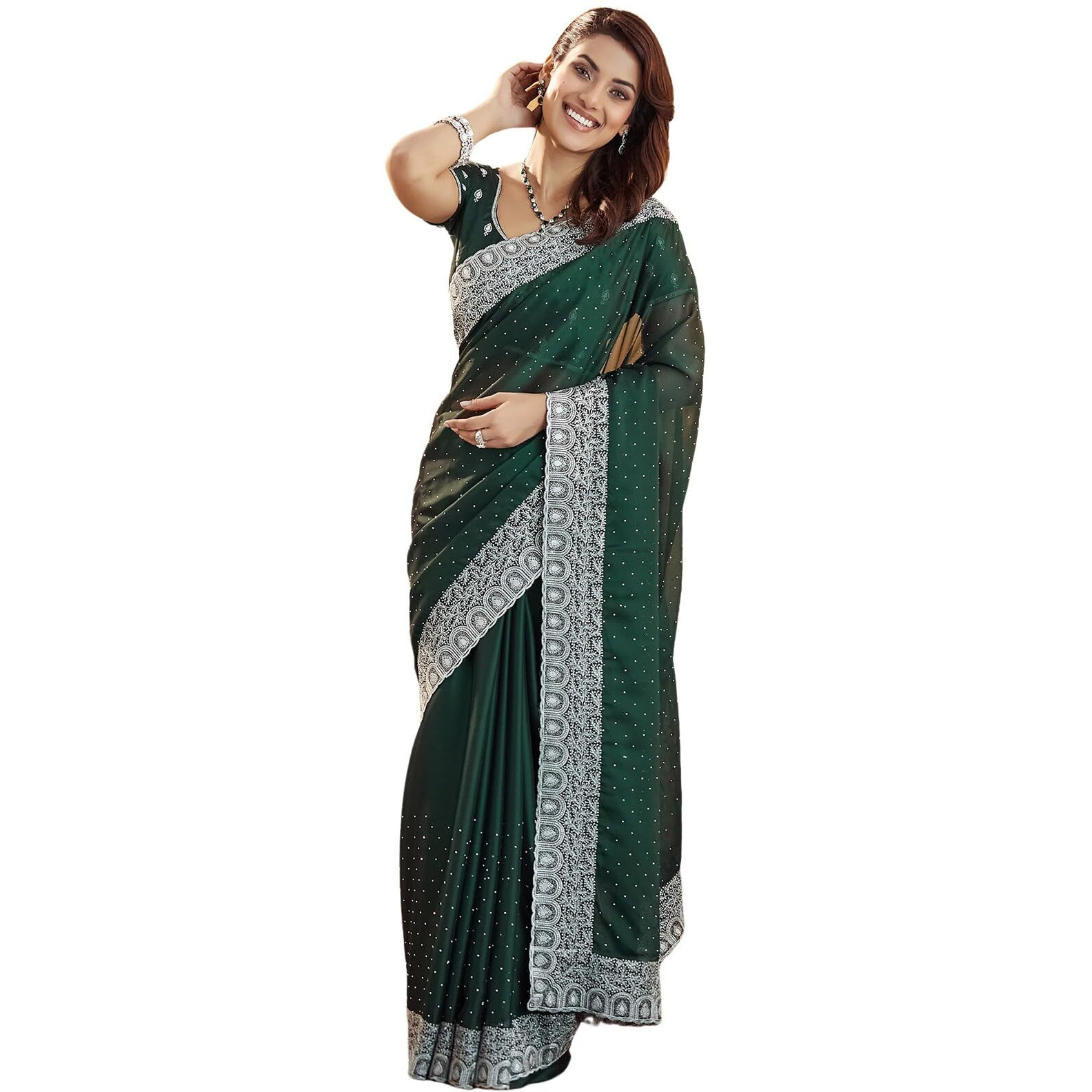 Satrani Women's Georgette Embroidery Stone Work Saree With Unstitched Blouse Piece (4023S621N_Bottle Green)