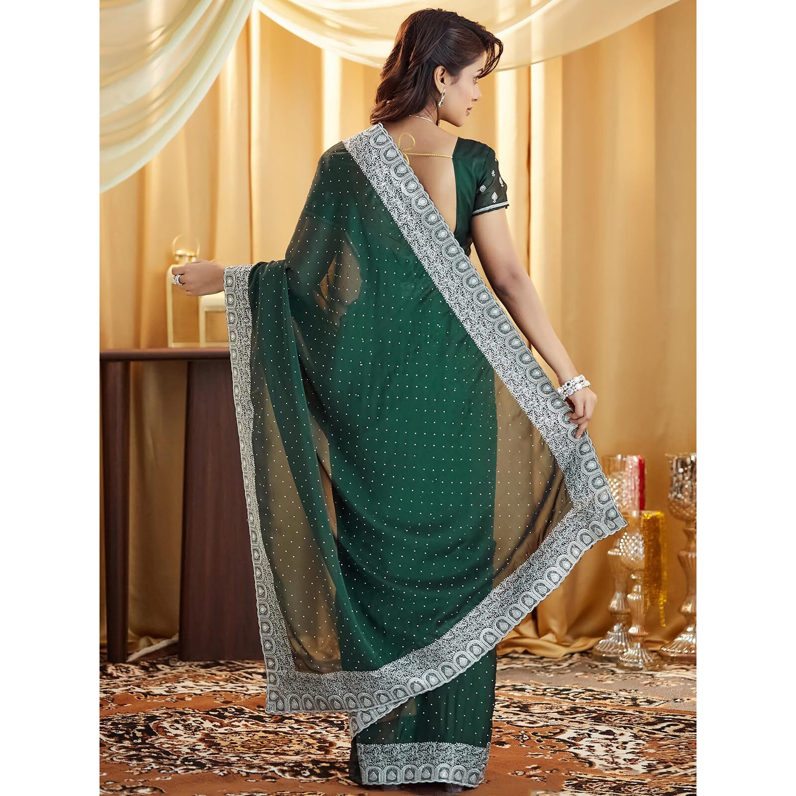 Satrani Women's Georgette Embroidery Stone Work Saree With Unstitched Blouse Piece (4023S621N_Bottle Green)