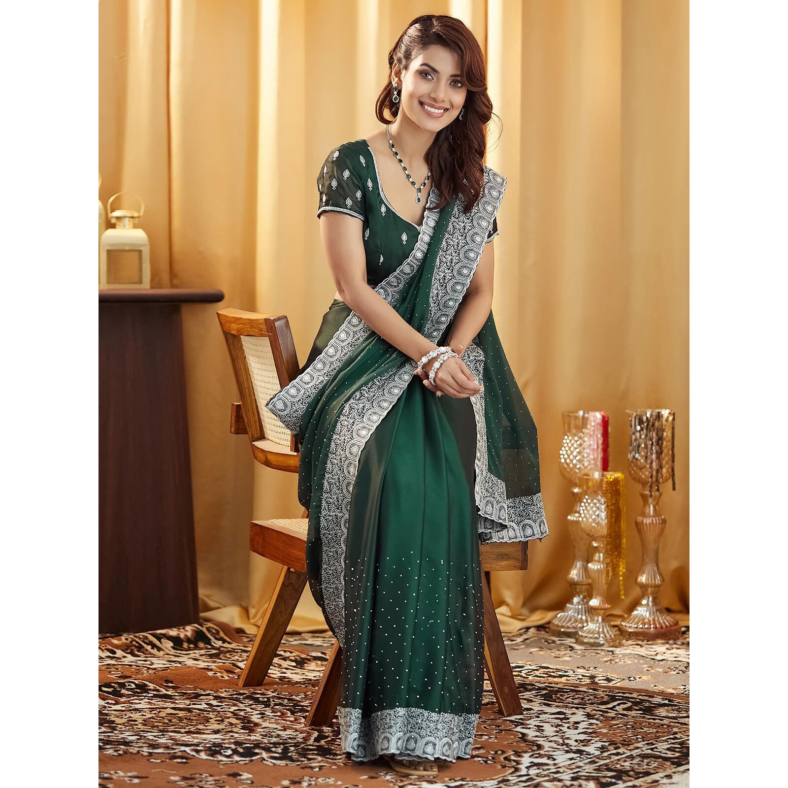 Satrani Women's Georgette Embroidery Stone Work Saree With Unstitched Blouse Piece (4023S621N_Bottle Green)