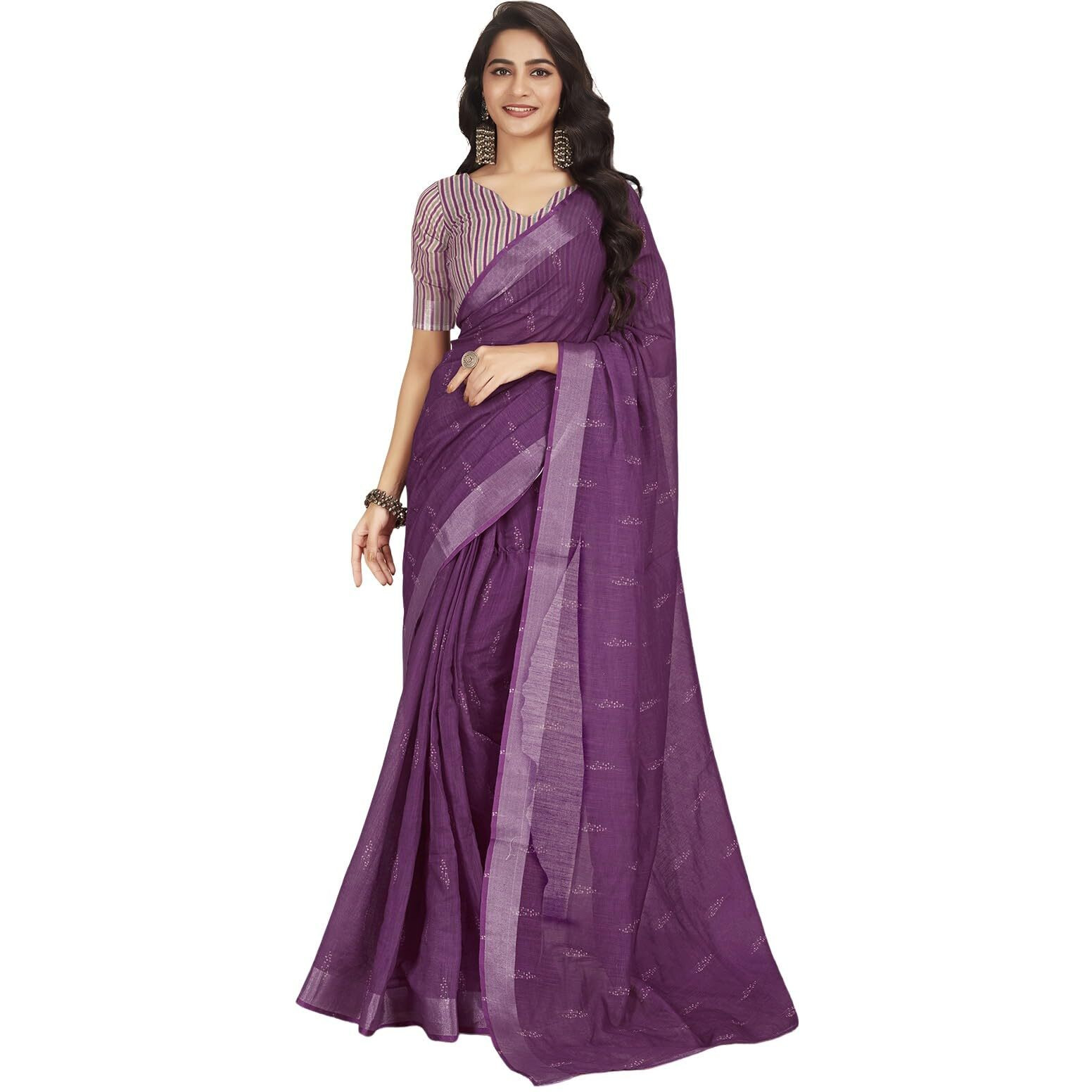 Satrani Women's Cotton Printed Zari Stripe Ready To Wear Saree With Unstitched Blouse Piece (18Rs169N_Deep Purple4)