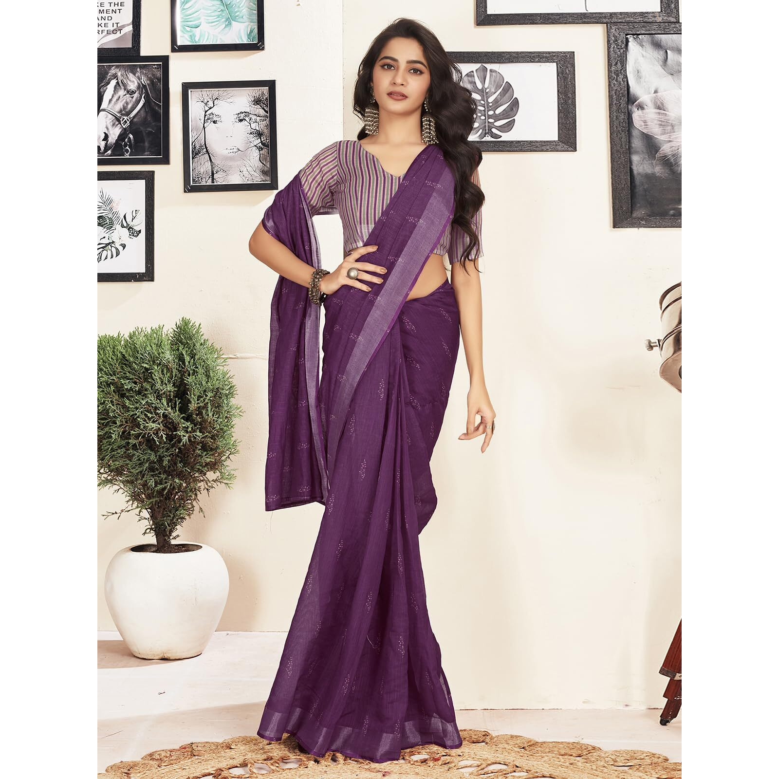 Satrani Women's Cotton Printed Zari Stripe Ready To Wear Saree With Unstitched Blouse Piece (18Rs169N_Deep Purple4)