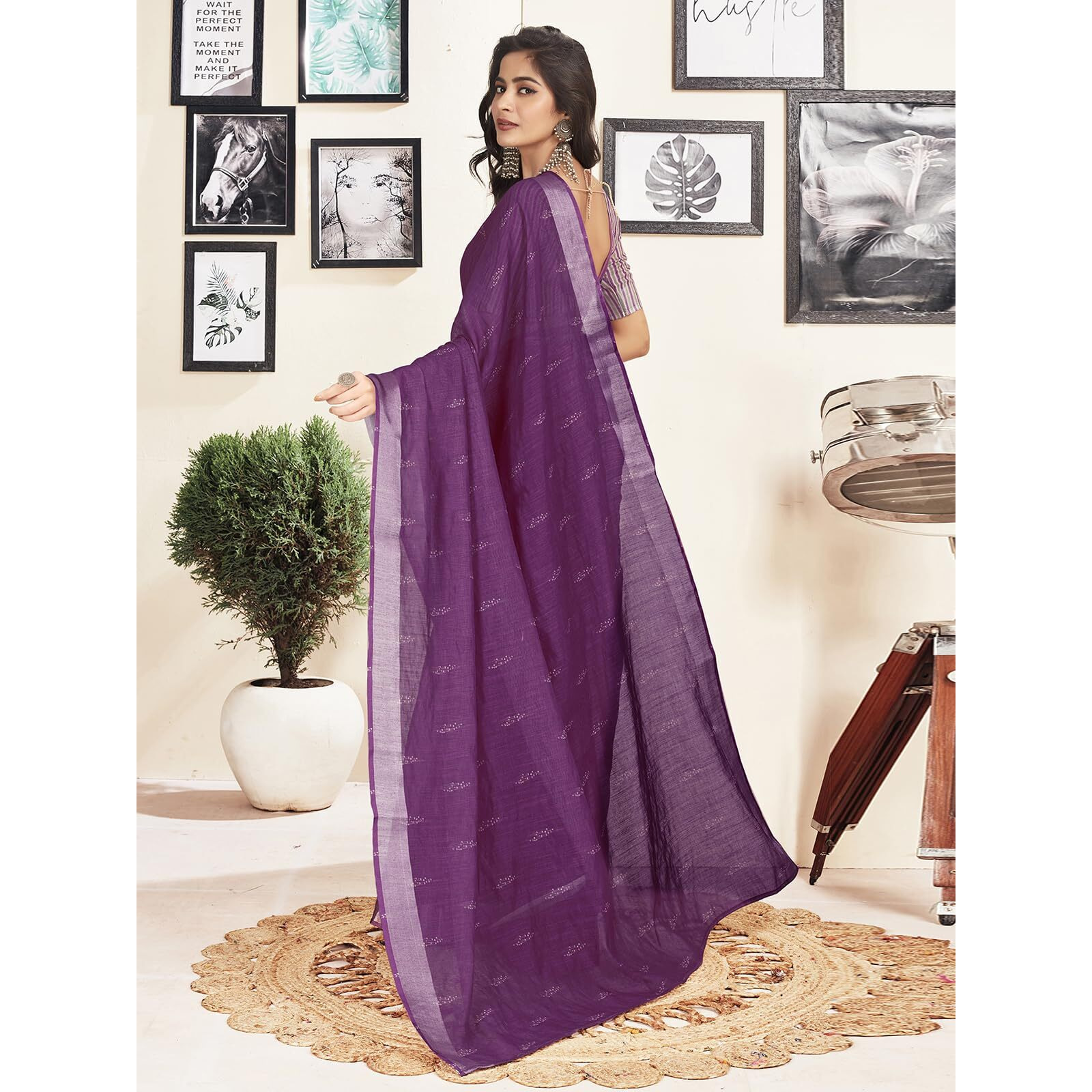 Satrani Women's Cotton Printed Zari Stripe Ready To Wear Saree With Unstitched Blouse Piece (18Rs169N_Deep Purple4)