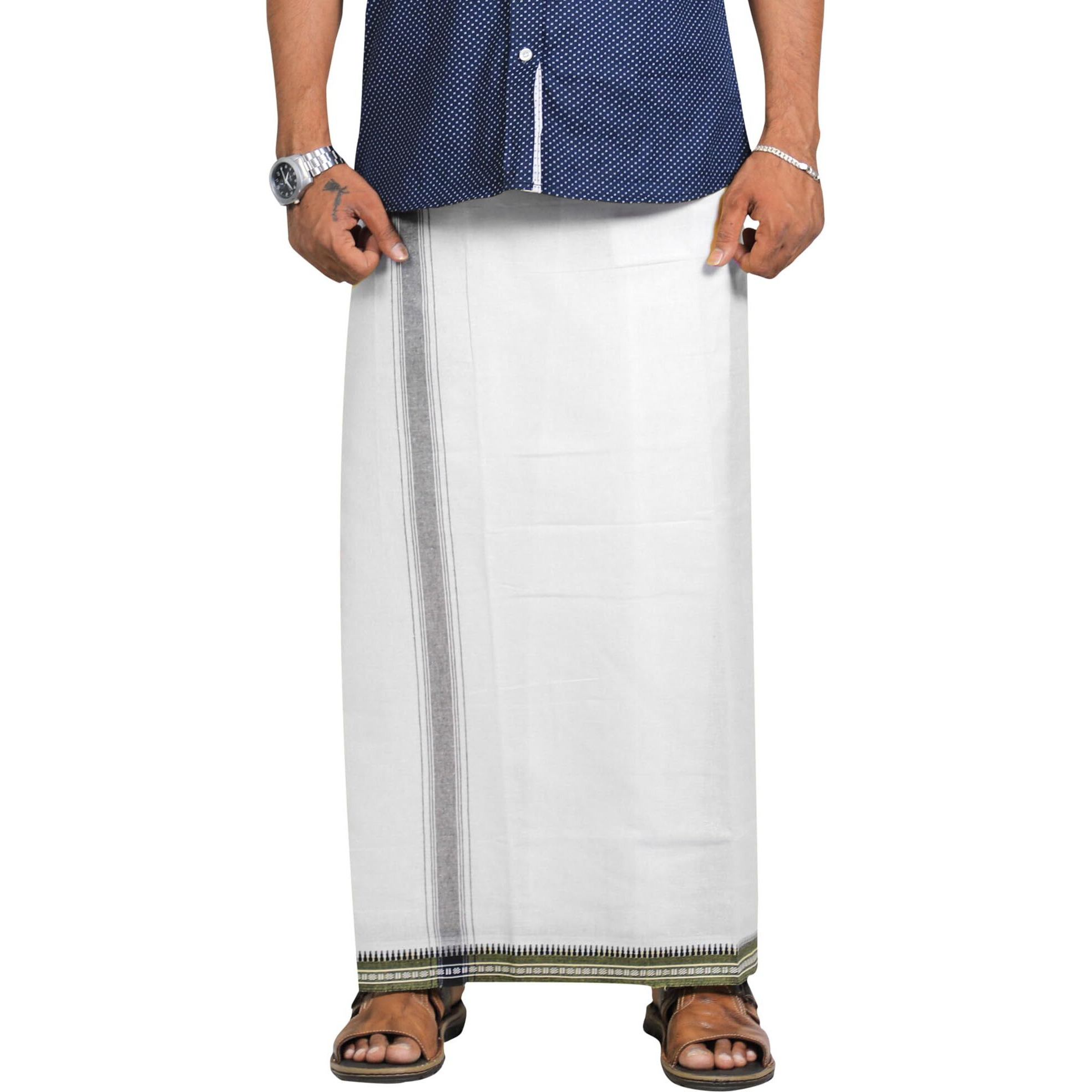 Prakasam Cotton Mens Cotton Kerala Thalapathi Border Welcro Pocket Dhoti (S-Size Dhoti) / White Colour Thalapathi Adjustable Pocket Dhoties For Mens
