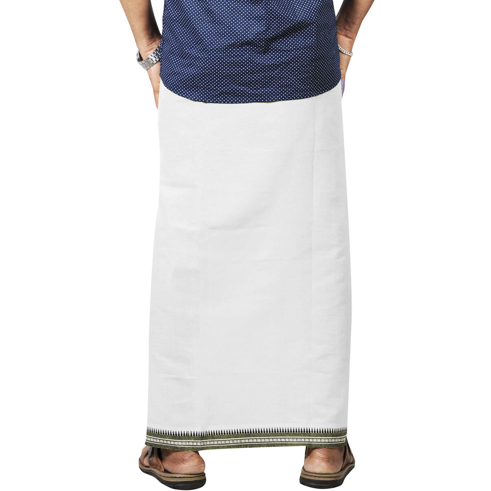 Prakasam Cotton Mens Cotton Kerala Thalapathi Border Welcro Pocket Dhoti (S-Size Dhoti) / White Colour Thalapathi Adjustable Pocket Dhoties For Mens