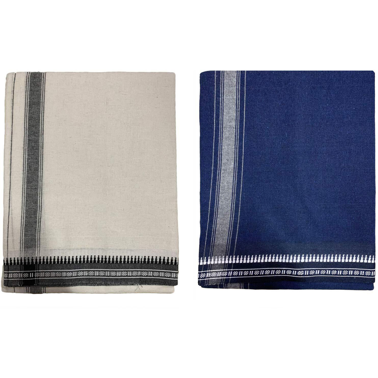 Prakasam Cotton Mens Colour Thalapathi Border Single Dhoti/Size1.28X2.00 Mtrs/Combo Pack Of 2 Dhoties Off White-Navy