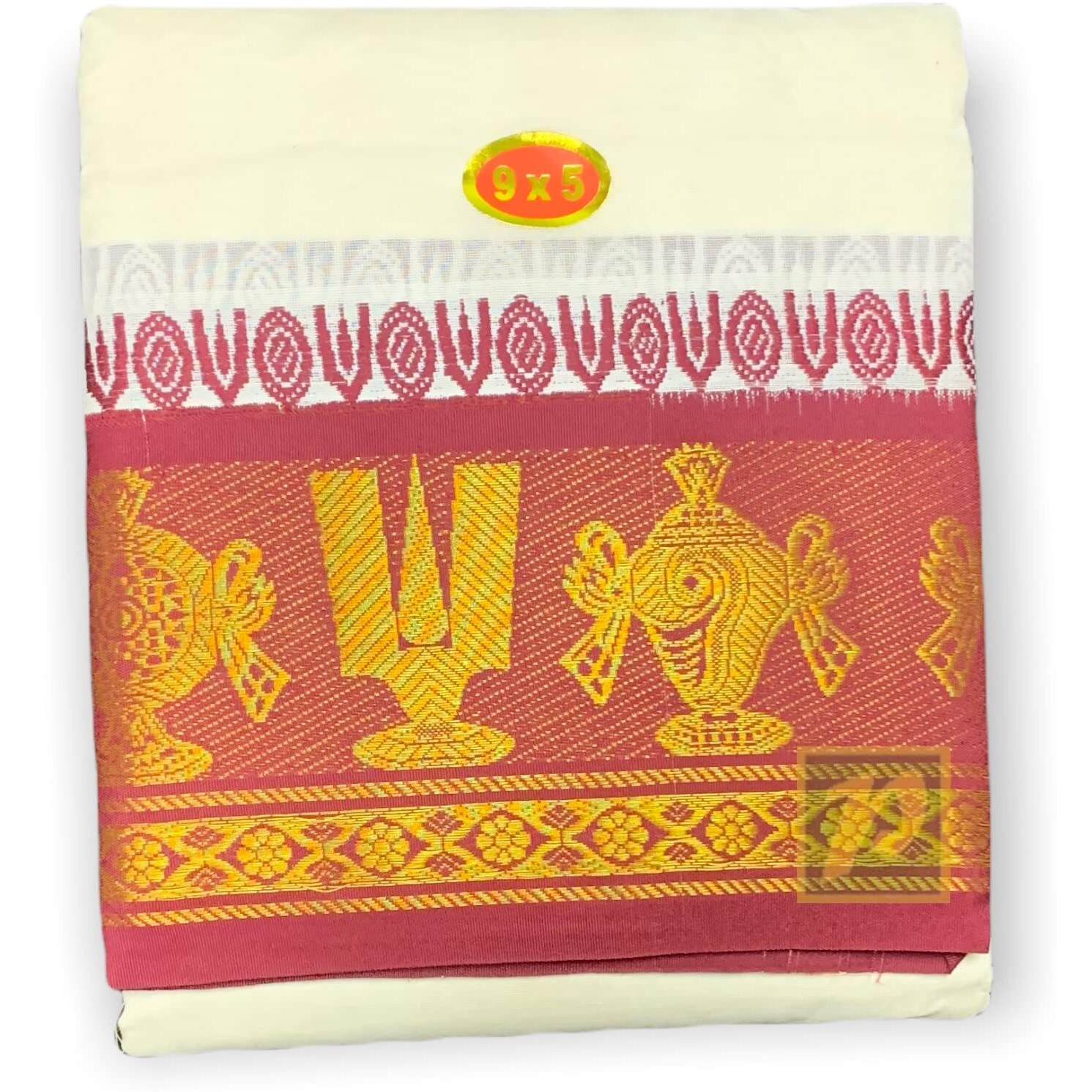 Prakasam Cotton Mens 9X5 (Panjakejam) Dhoti And Towel Set/100% Cotton Dhoti And Towel Attached Together Set/1.28X4.05 Mtrs Dhoti And 1.28X2.25 Mtrs Towel- Y Shape Namam Design (No-55)