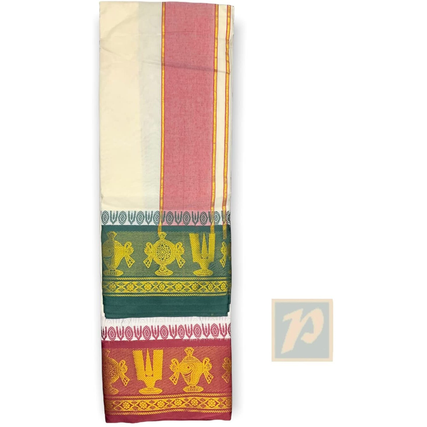 Prakasam Cotton Mens 9X5 (Panjakejam) Dhoti And Towel Set/100% Cotton Dhoti And Towel Attached Together Set/1.28X4.05 Mtrs Dhoti And 1.28X2.25 Mtrs Towel- Y Shape Namam Design (No-55)