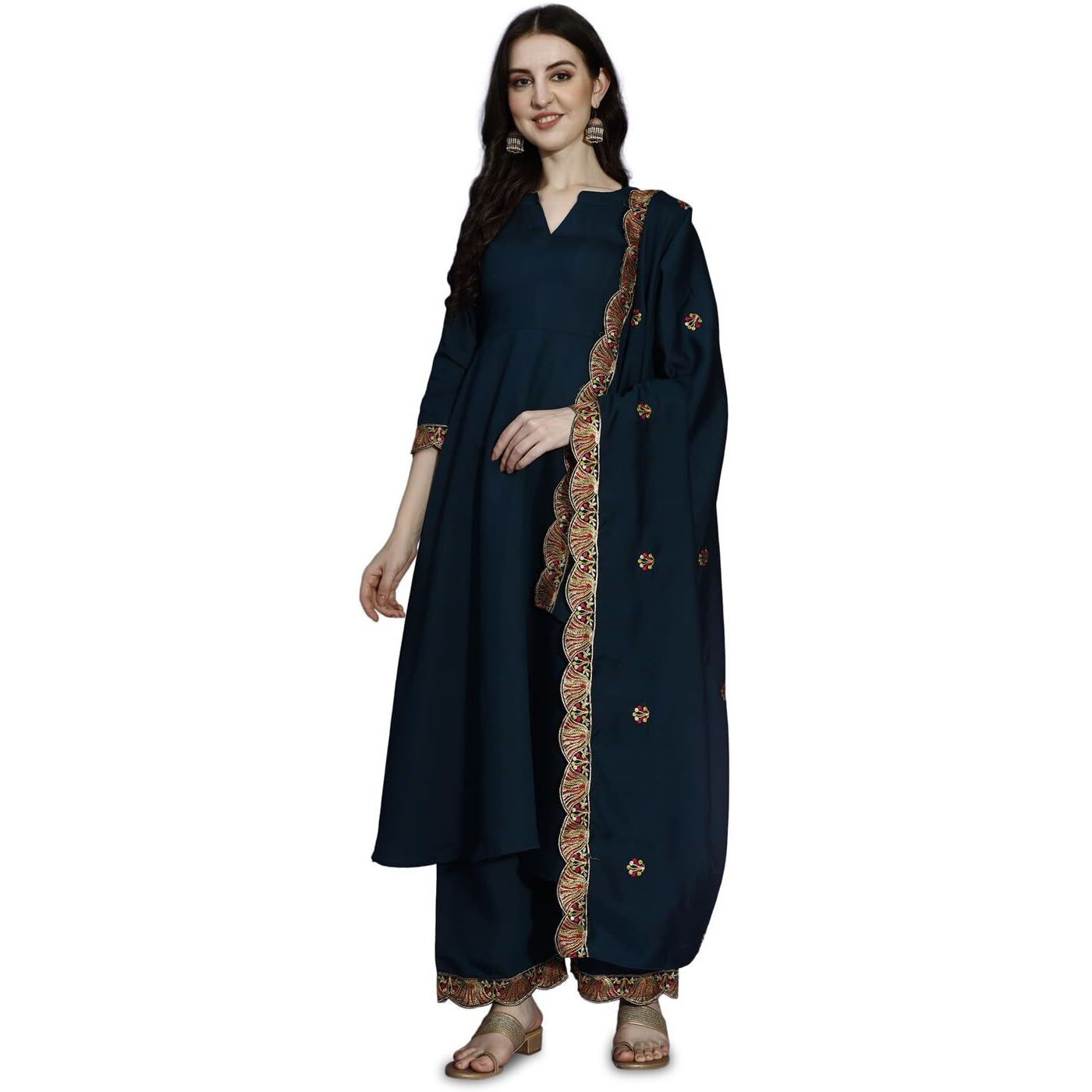 Pratham Blue Women's Silk Embroidered Anarkali Kurta With Palazzos And Dupatta (Pb-6157-S_Blue)