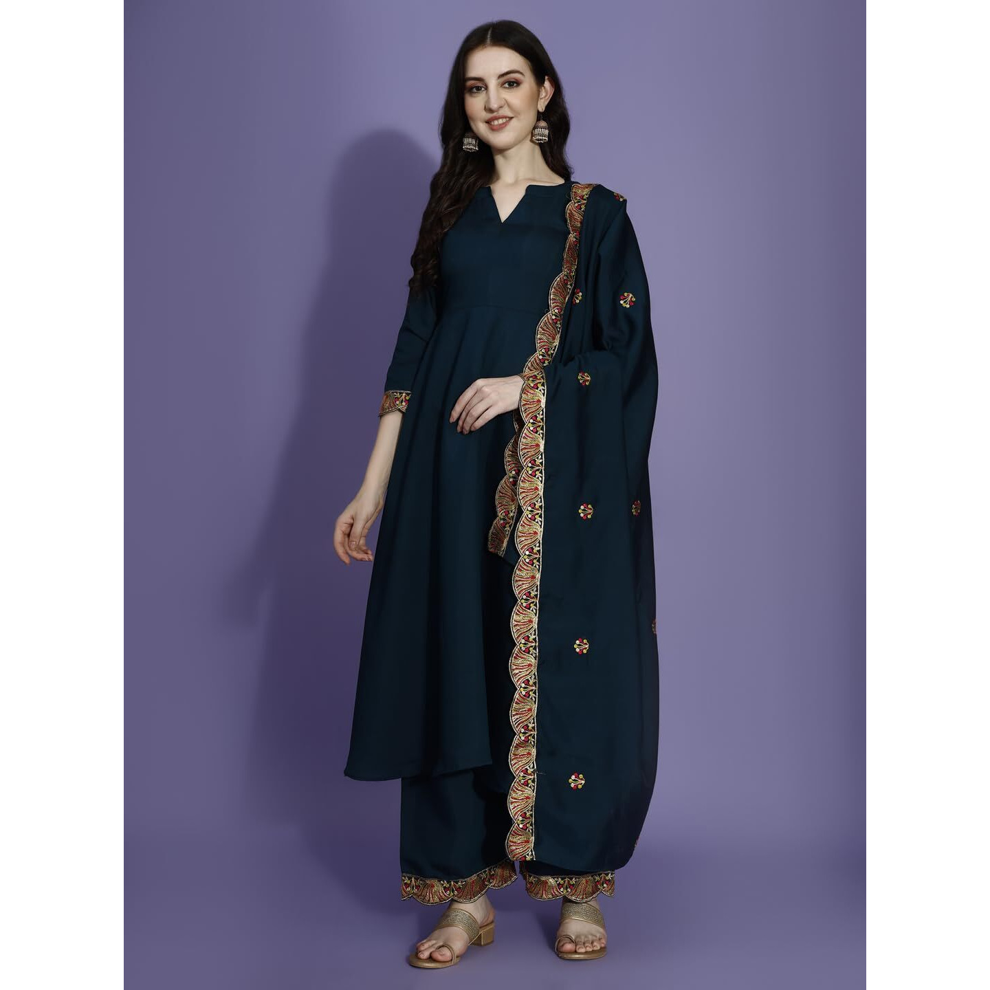 Pratham Blue Women's Silk Embroidered Anarkali Kurta With Palazzos And Dupatta (Pb-6157-S_Blue)
