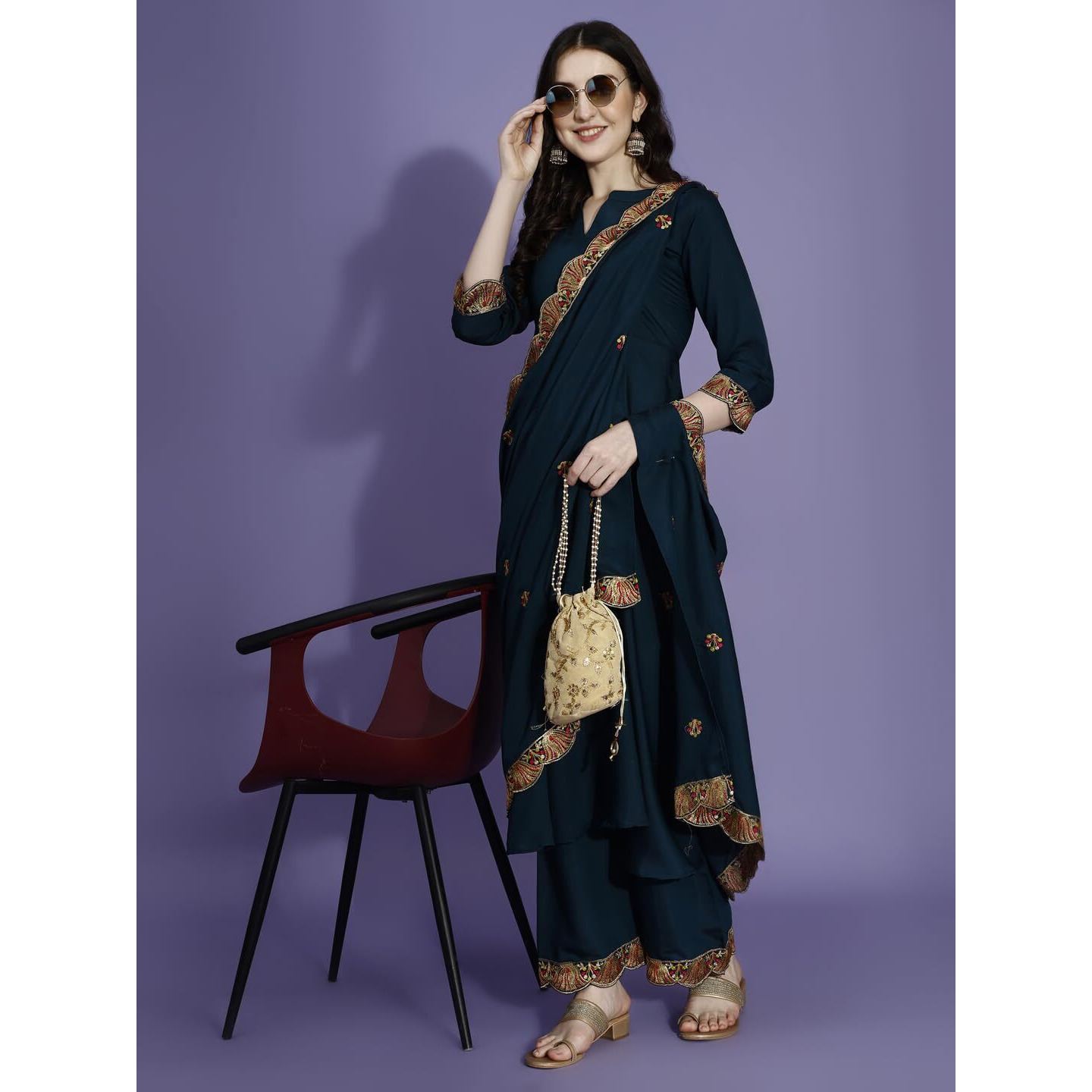 Pratham Blue Women's Silk Embroidered Anarkali Kurta With Palazzos And Dupatta (Pb-6157-S_Blue)