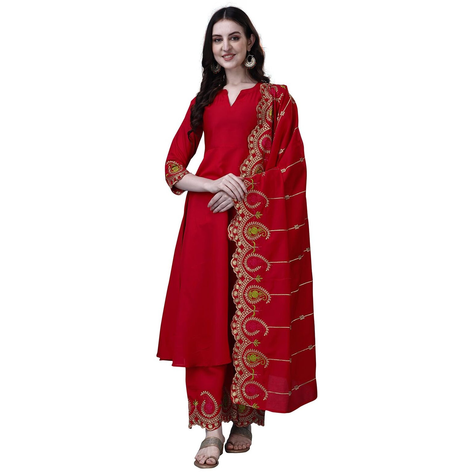 Pratham Blue Women's Silk Embroidered Anarkali Kurta With Palazzos And Dupatta (Pb-6149-L_Red)