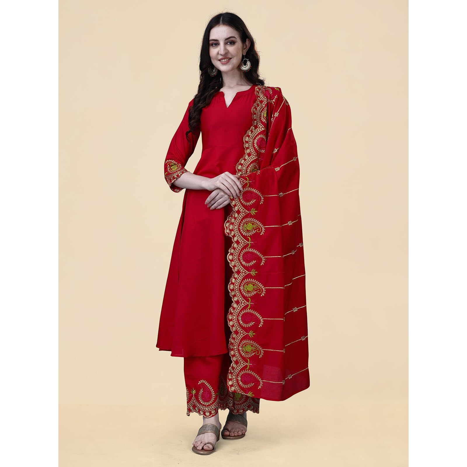 Pratham Blue Women's Silk Embroidered Anarkali Kurta With Palazzos And Dupatta (Pb-6149-L_Red)