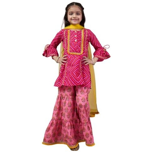 Pspeaches Girl's Cotton 1 Kurti, 1 Sharara, 1 Dupatta (Sha-Magentapeach-10-12Y_Magenta