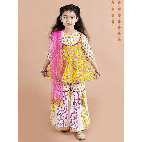Pspeaches Girls Yellow Floral Printed Pure Cotton Kurti With Sharara With Dupatta (Yellow-5-6Y)