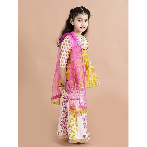 Pspeaches Girls Yellow Floral Printed Pure Cotton Kurti With Sharara With Dupatta (Yellow-5-6Y)